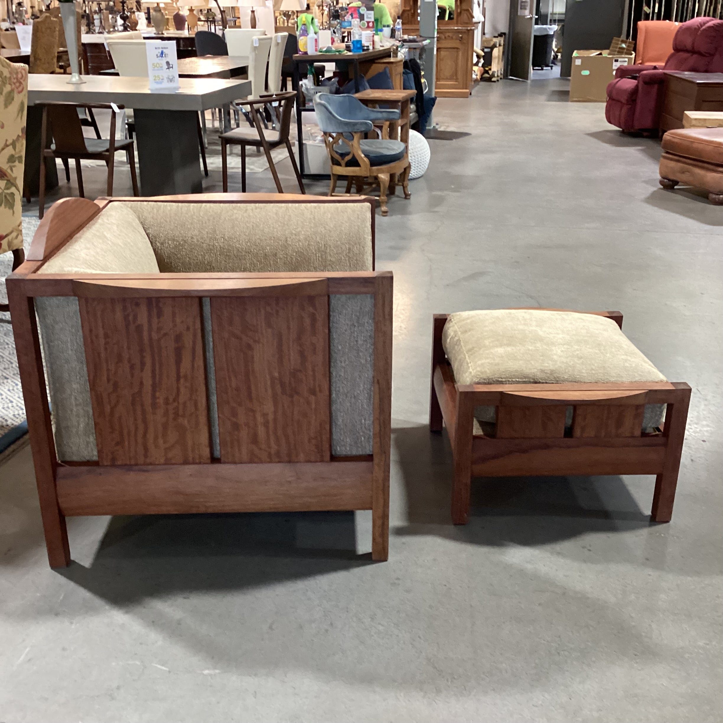 Arts & Crafts Mission Style Stickley Like Solid Cherry Woven Down Mix with Ottoman Chair 39.5"x 34"x 33"
