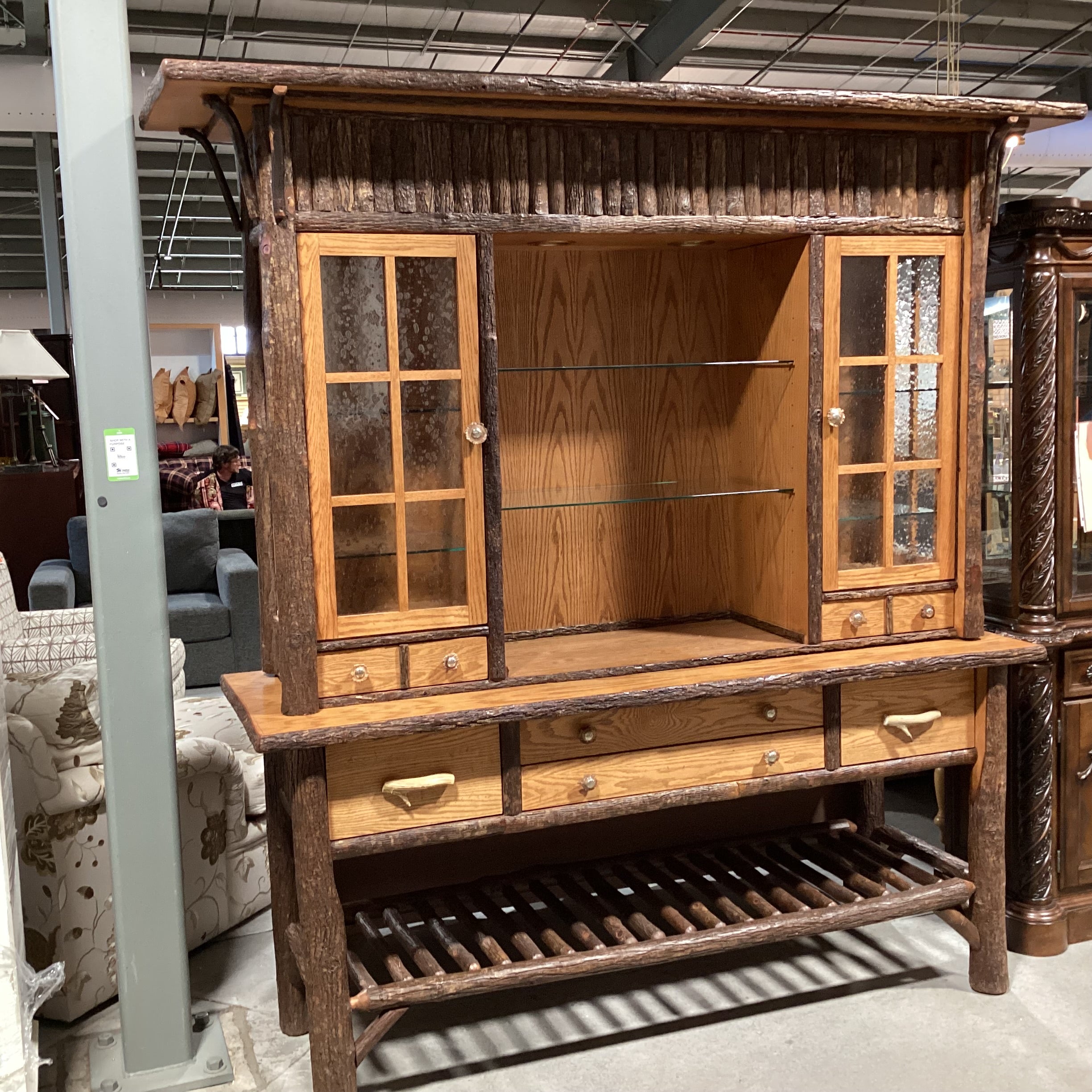 Old Hickory Lodge Craft Big Ranch Hickory Log Oak & Veneers Antler Style Pulls 2 Piece China Hutch 82"x 25.5"x 85"