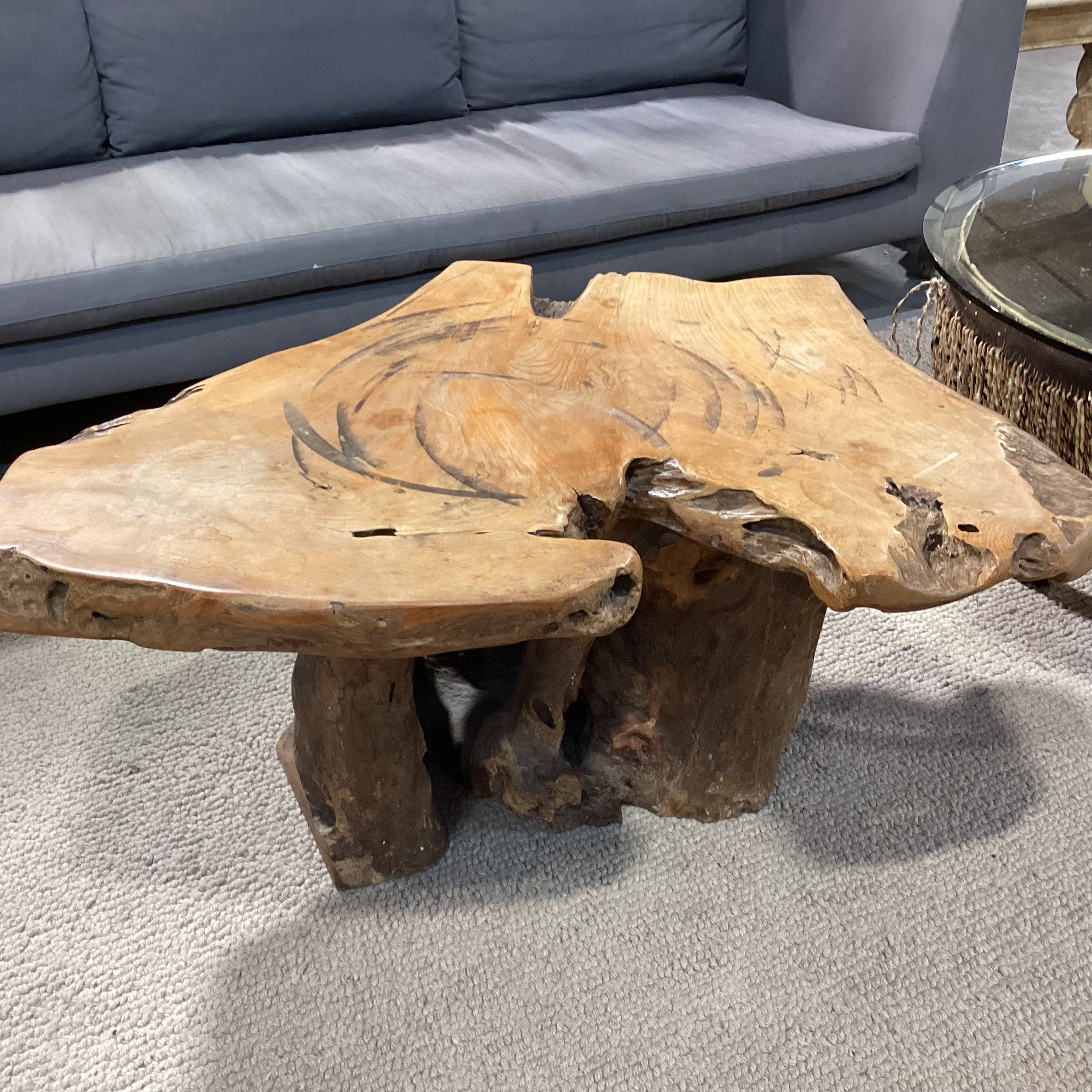 Vintage Root Stump & Live Edge Slab Coffee Table 42"x 34"x 18.5"