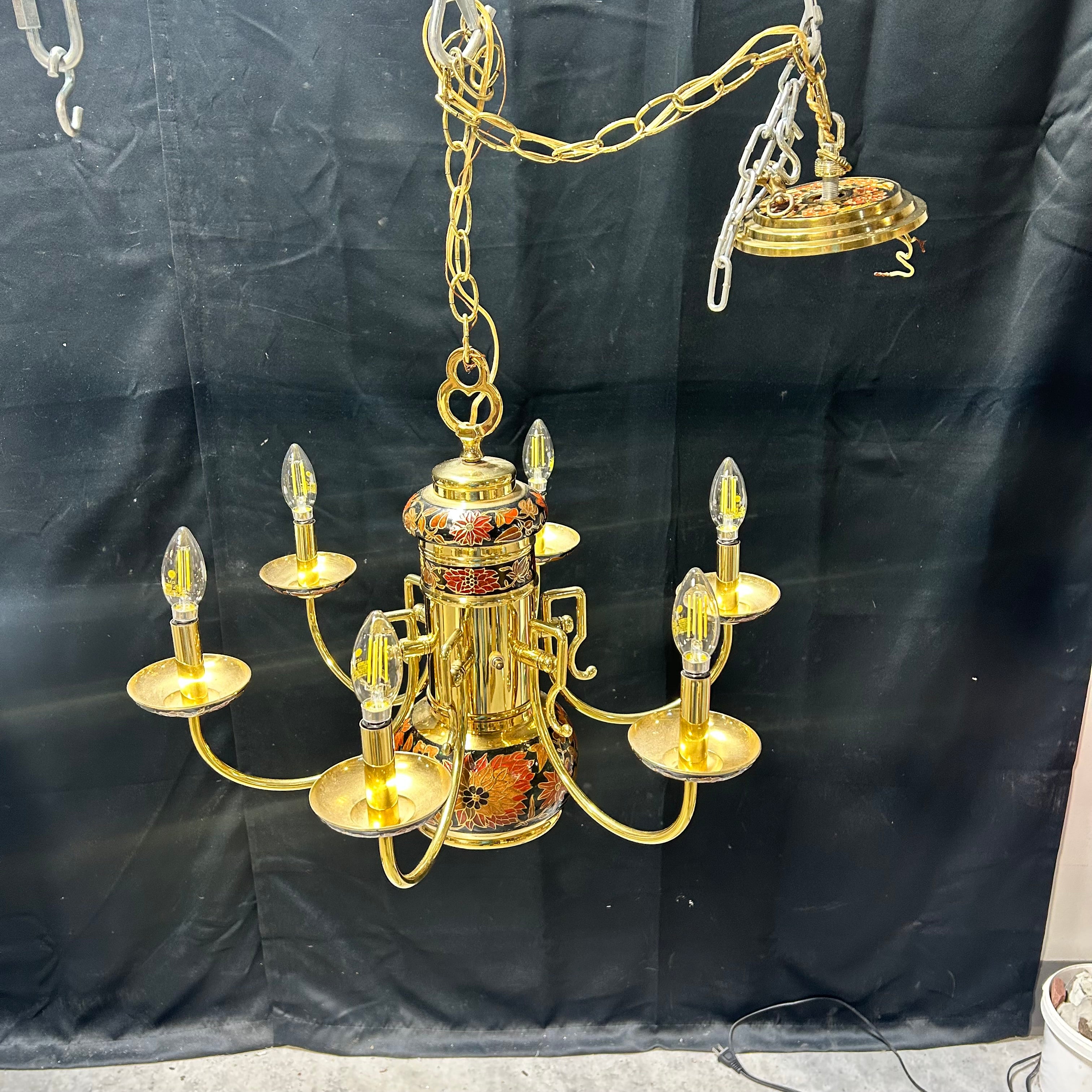 Vintage Enamel 6 Arm Brass Chandelier With Down-light 23"x 18"