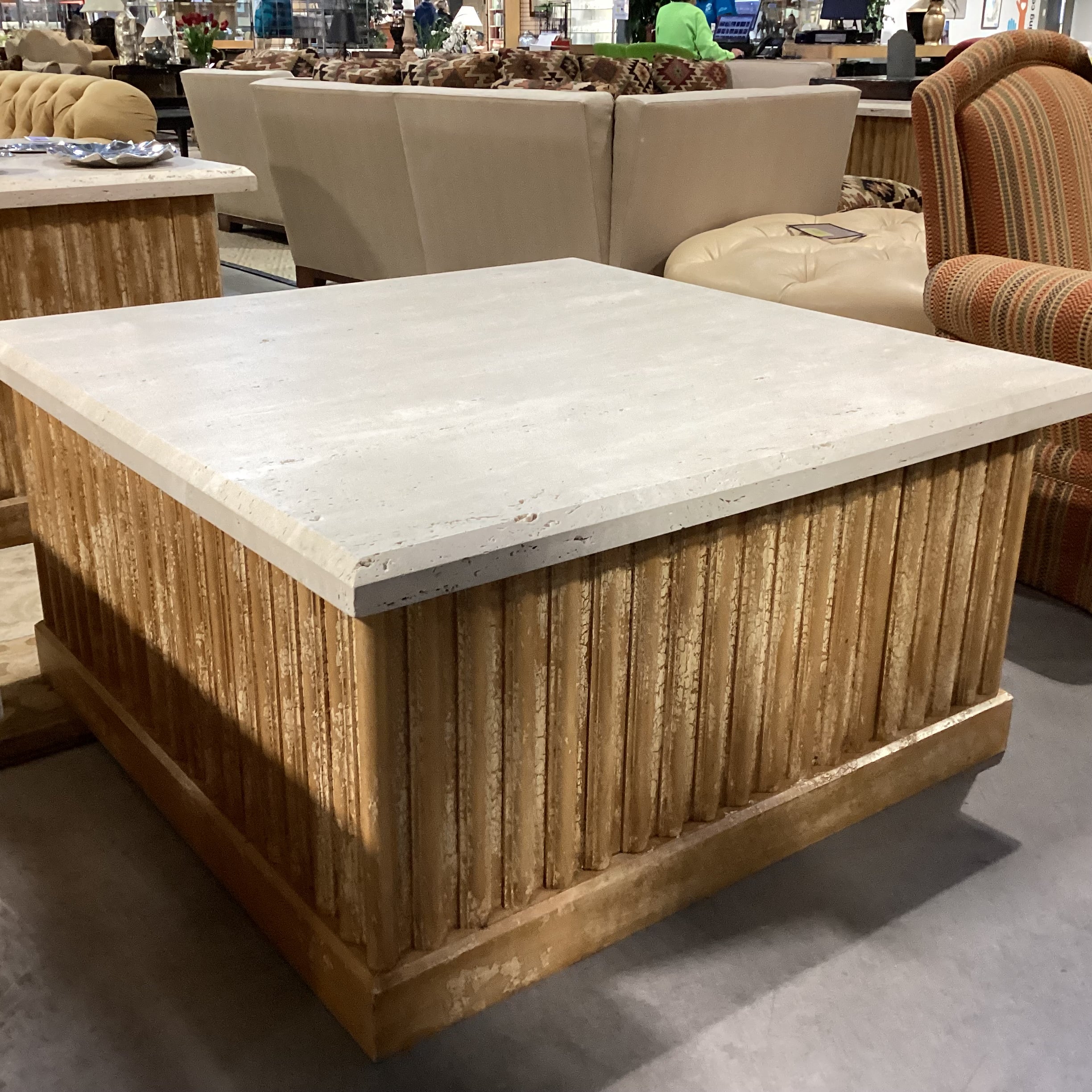 Custom Ribbed with Textured Crackle Finish Wood 1 Door with Shelf Travertine Top Coffee Table 48"x 48"x 24.5"