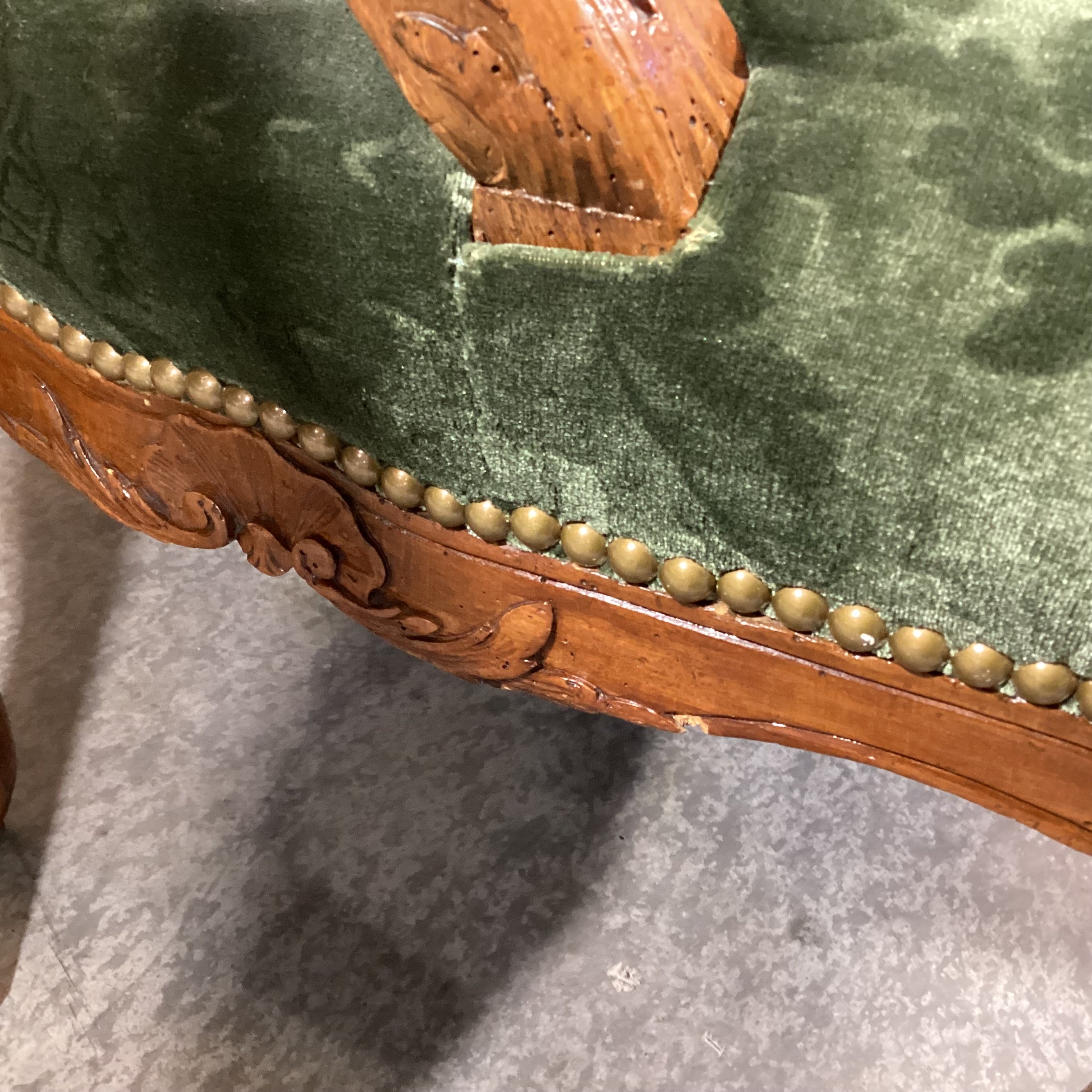 Vintage Carved Wood with Green Raised Floral Velvet & Nailhead Chair 28"x 28"x 42"