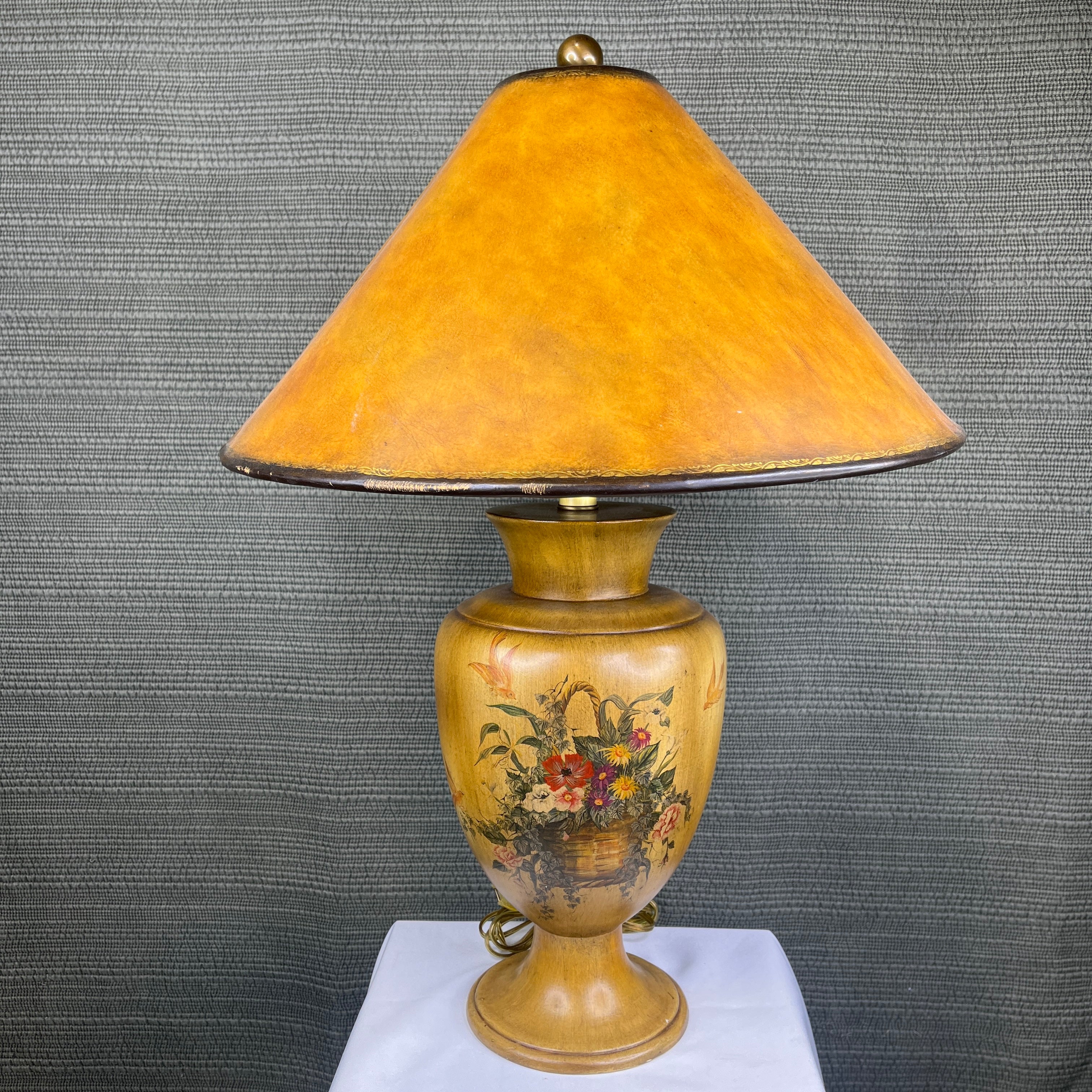 Floral Hand Painted Wooden Urn Base with Leather Shade Table Lamp 19” Diameter x 26”