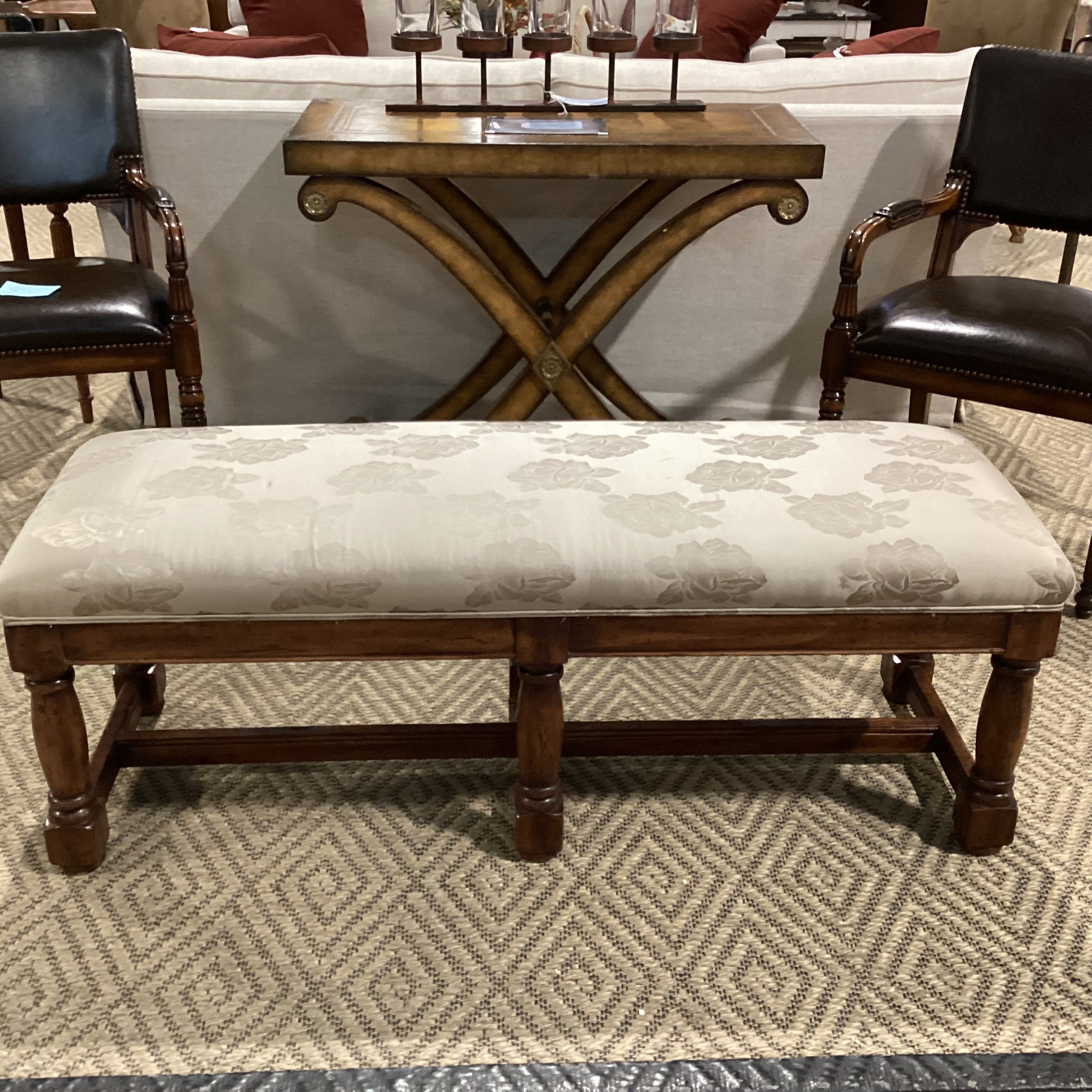 Taupe & Gold Satiny Roses & Carved Wood Bench 55"x 19"x 21"