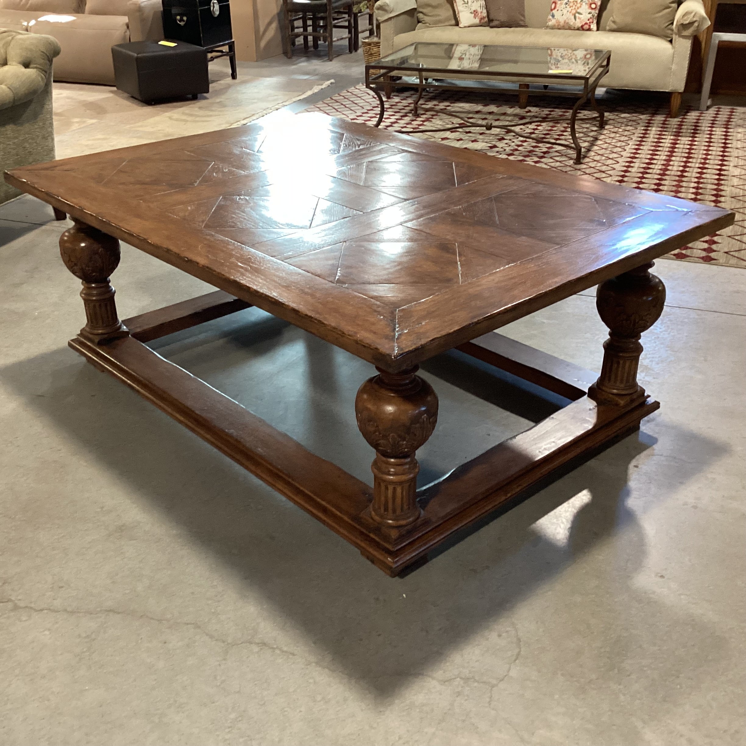 Solid Distressed Finish Wood with Ornate Carved Legs & Top Diamond Detail Coffee Table 63"x 45"x 24"