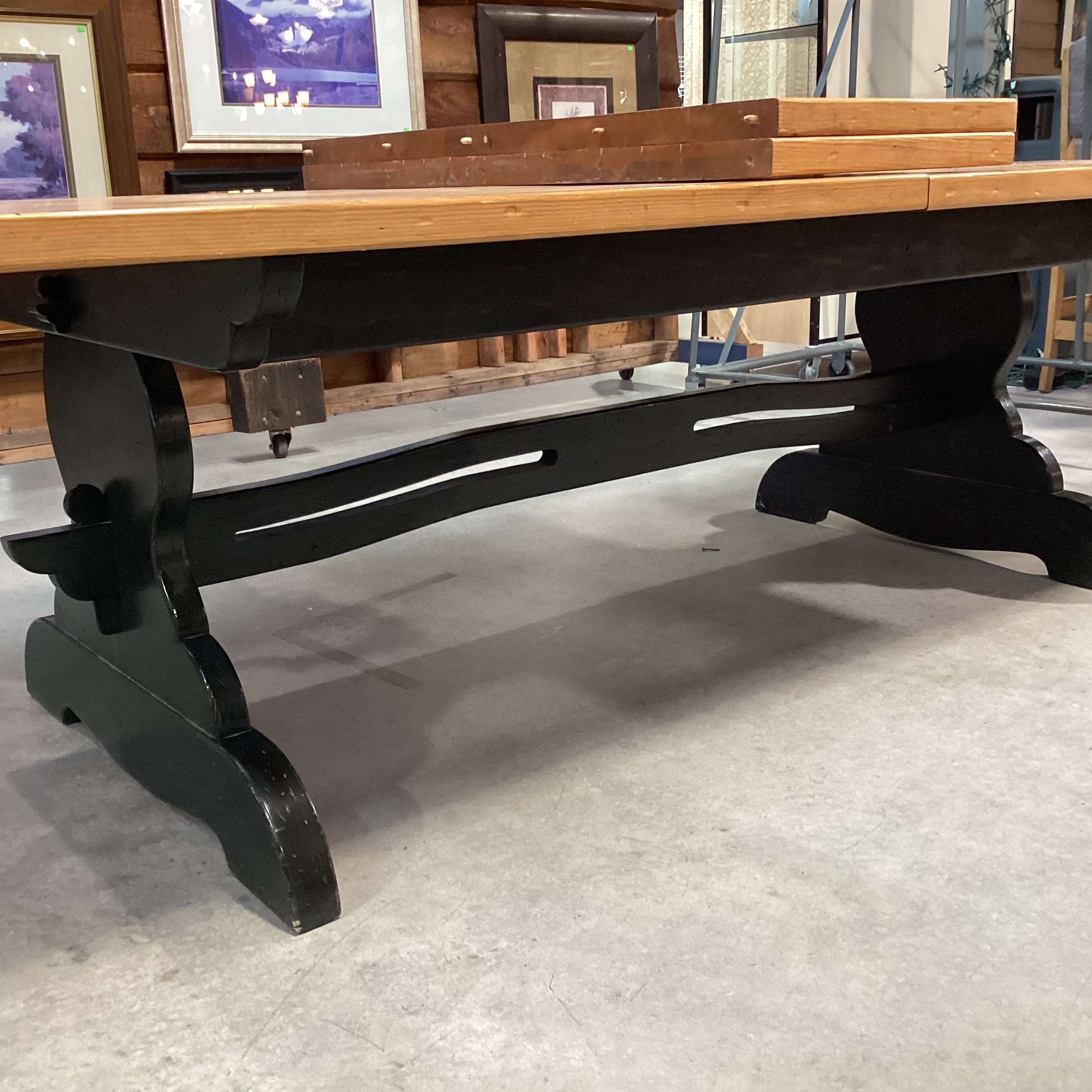 Solid Natural & Dark Green Wood Farmhouse Style with Trestle & 2 Leaves Dining Table 96" to 132"x 47.5"x 31"