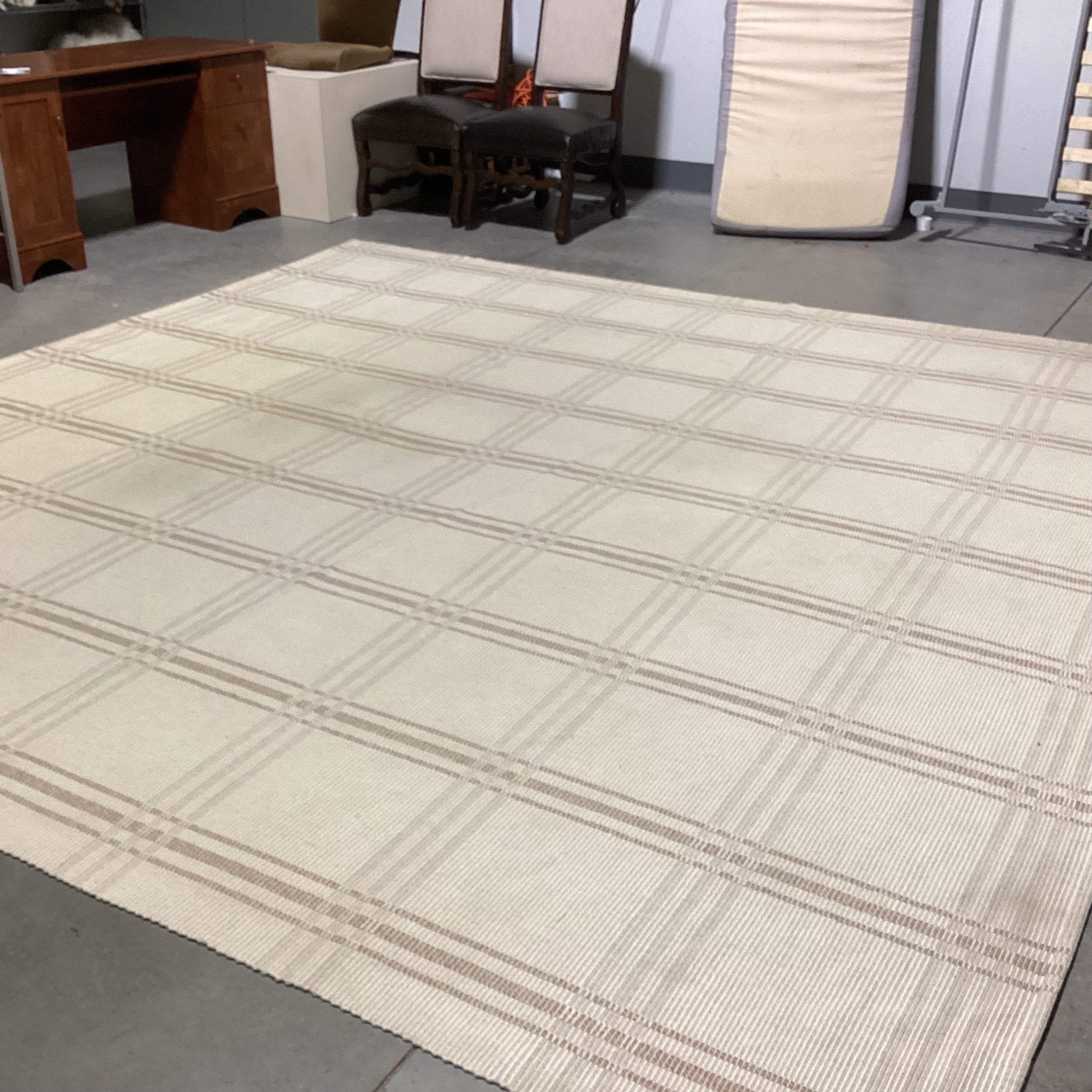 Cream & Tan Plaid Style Woven Wool Rug 11'3"x 11'7"