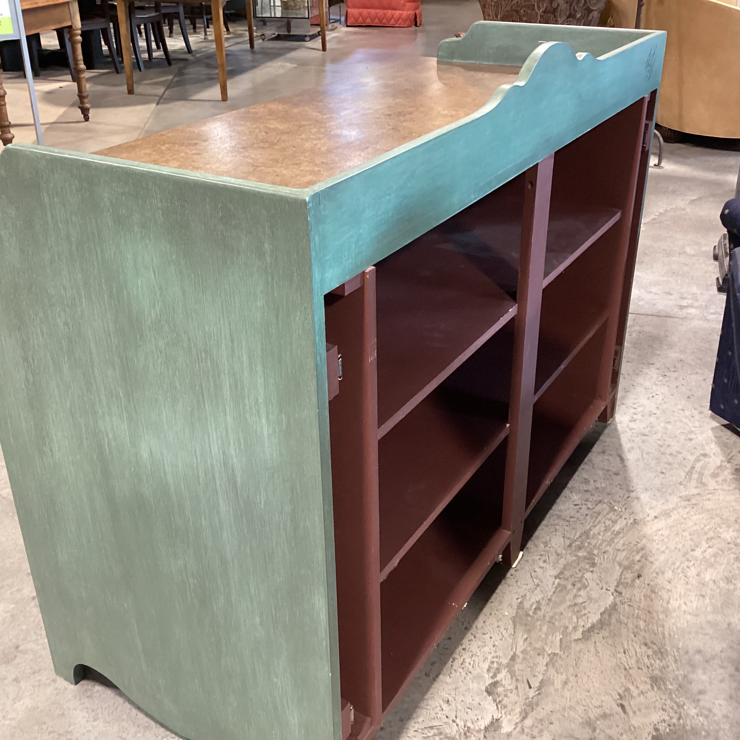 Hand Crafted Green Finished Wood with Ribbed Doors Backsplash Detail & Shelves Buffet Sideboard 59.9"x 26"x 43"
