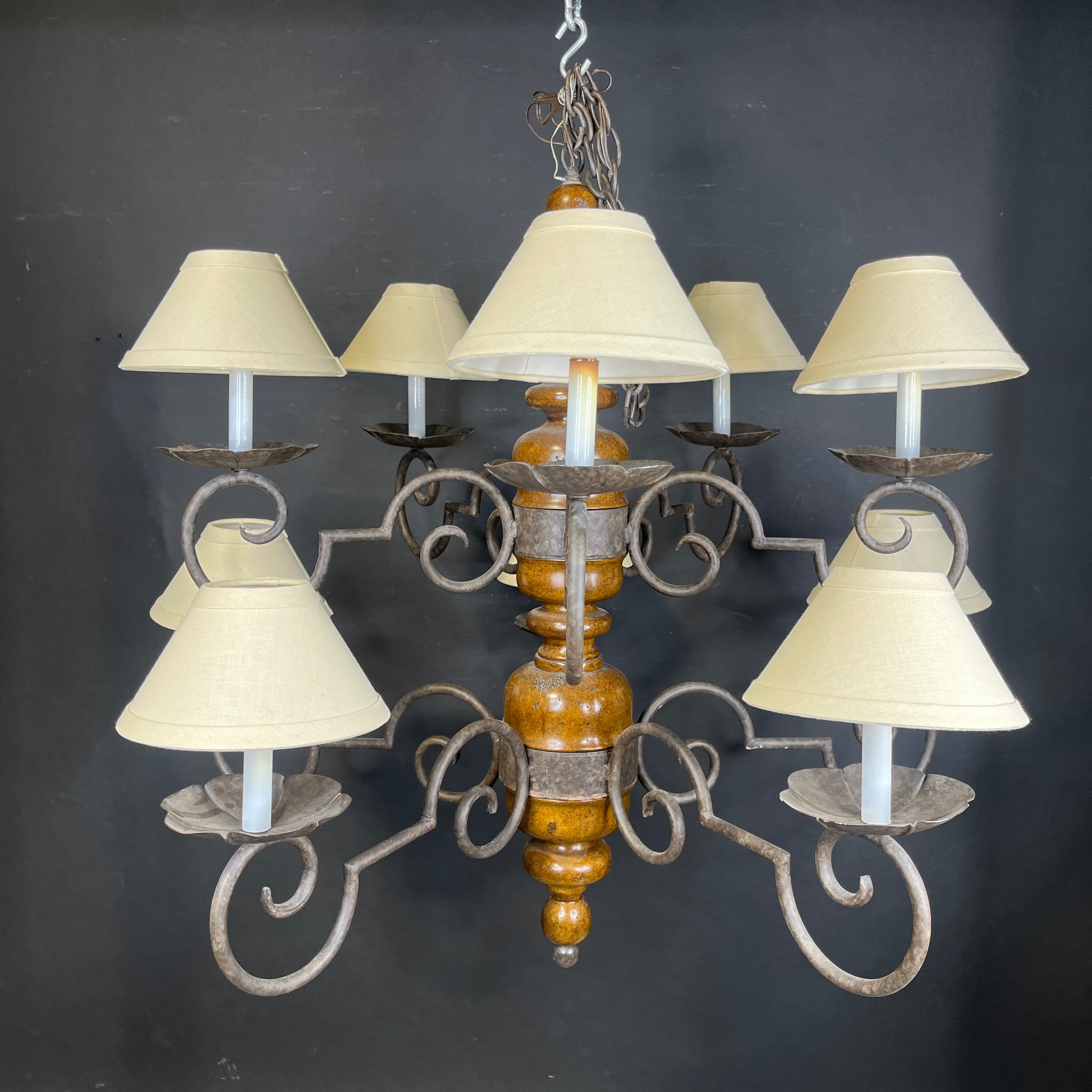 Vintage Romantic Tiered 10-Light Medium Finish Wood and Bronze Metal Arms with Shades Chandelier 40”x 35” - 54”