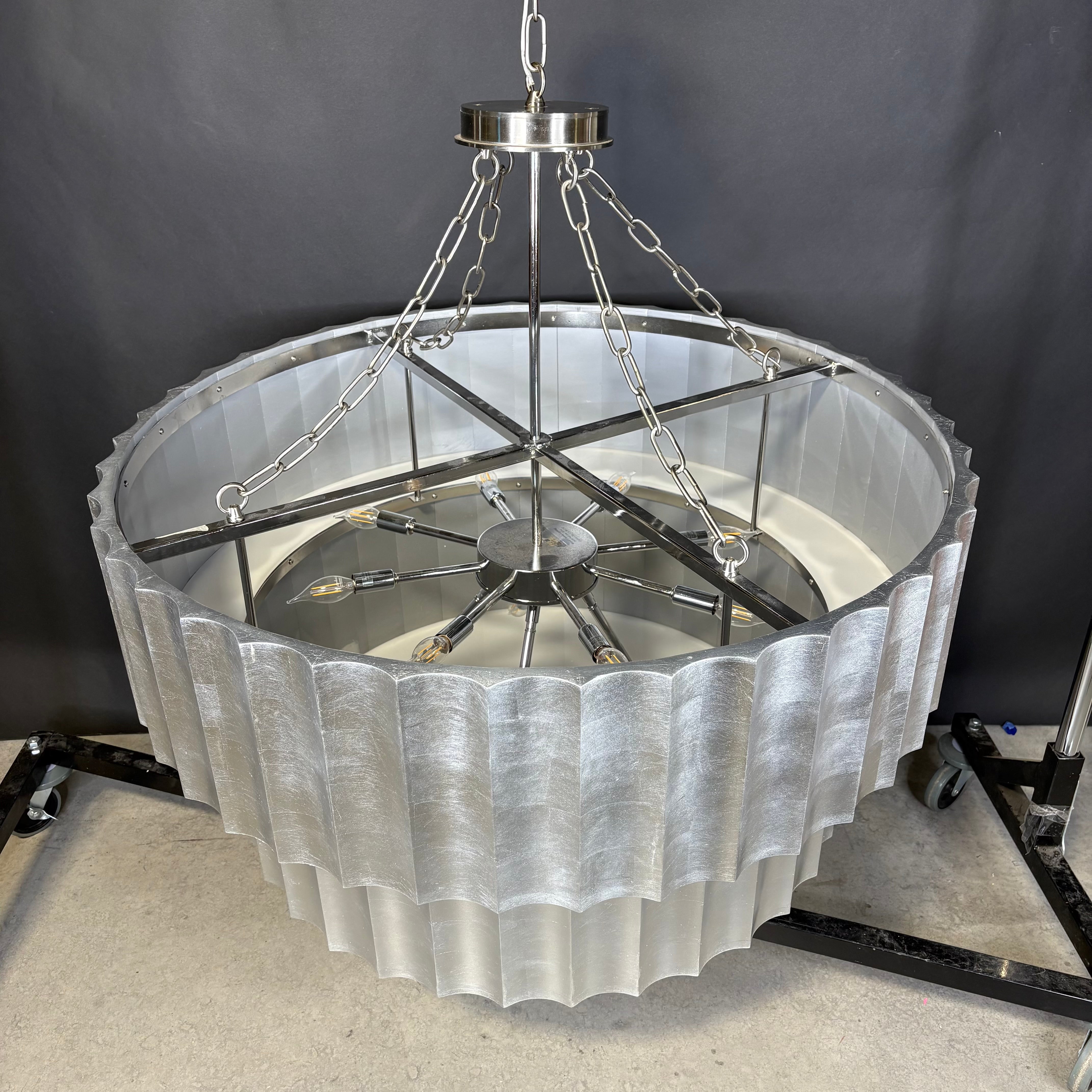 Art Deco Modern 12-Light Silver Leaf and Chrome Upside Down Cake Chandelier 39” Diameter x 60”