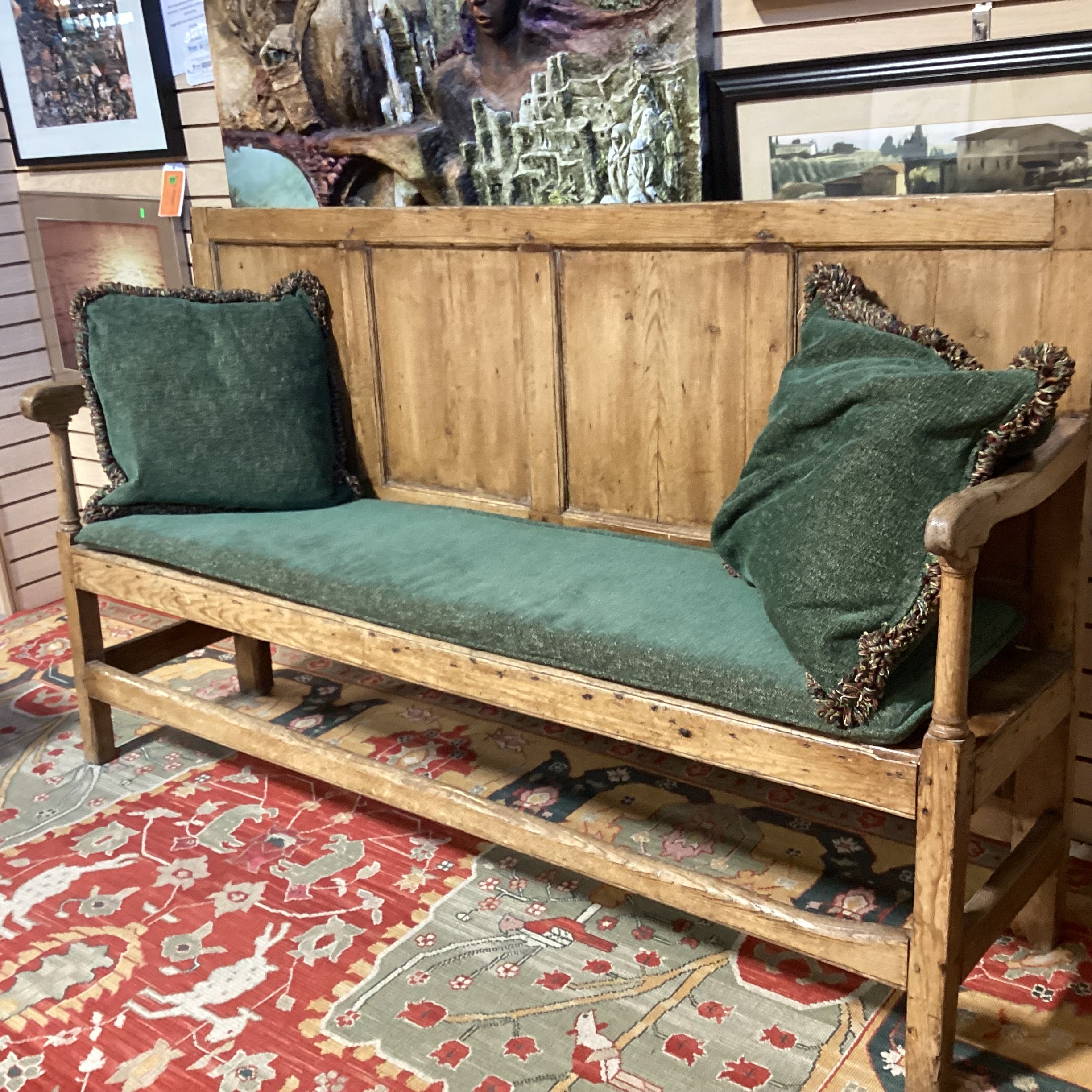 Antique Carved Pine with Panel Detail & Green Chenille Cushions Bench 71"x 19"x 42"