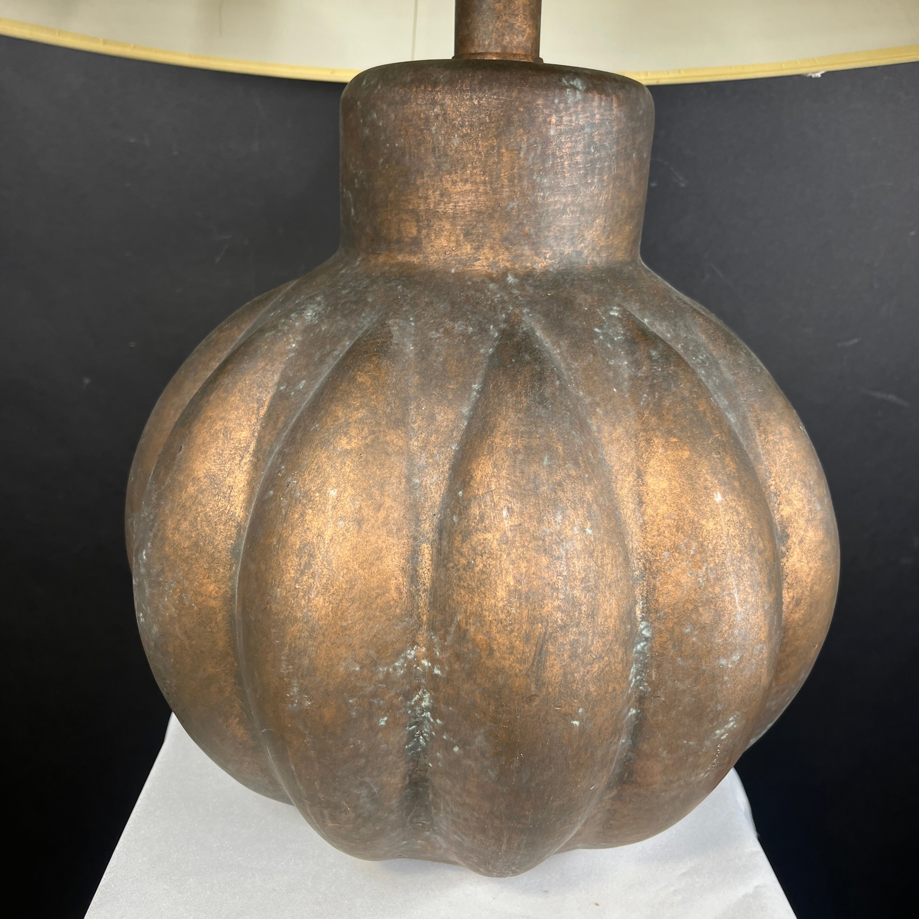 Masterpiece Patin Copper Painted Plaster Pumpkin with Shade Table Lamp 21” Diameter @ Shade x 27”