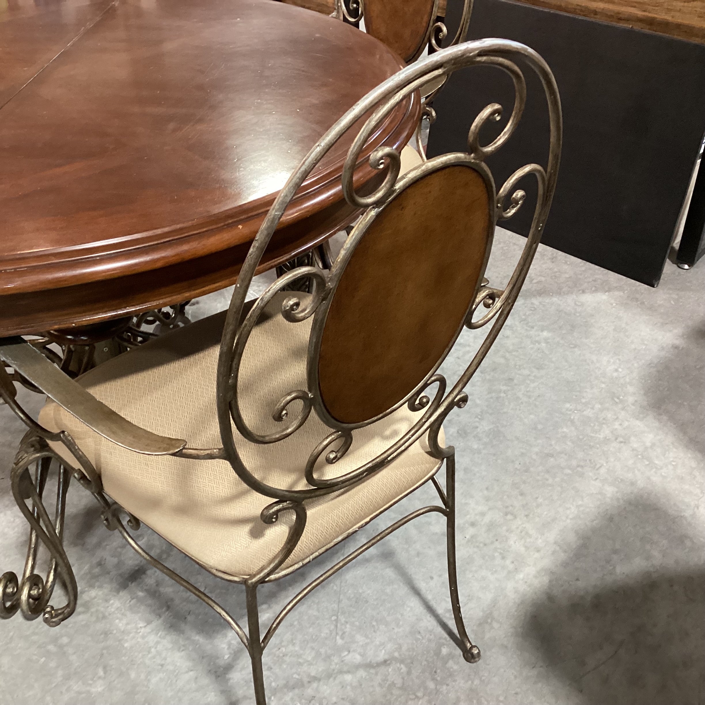 Round Finished Wood & Iron Table with 4 Chairs Dining Set 48" Diameter x 30"