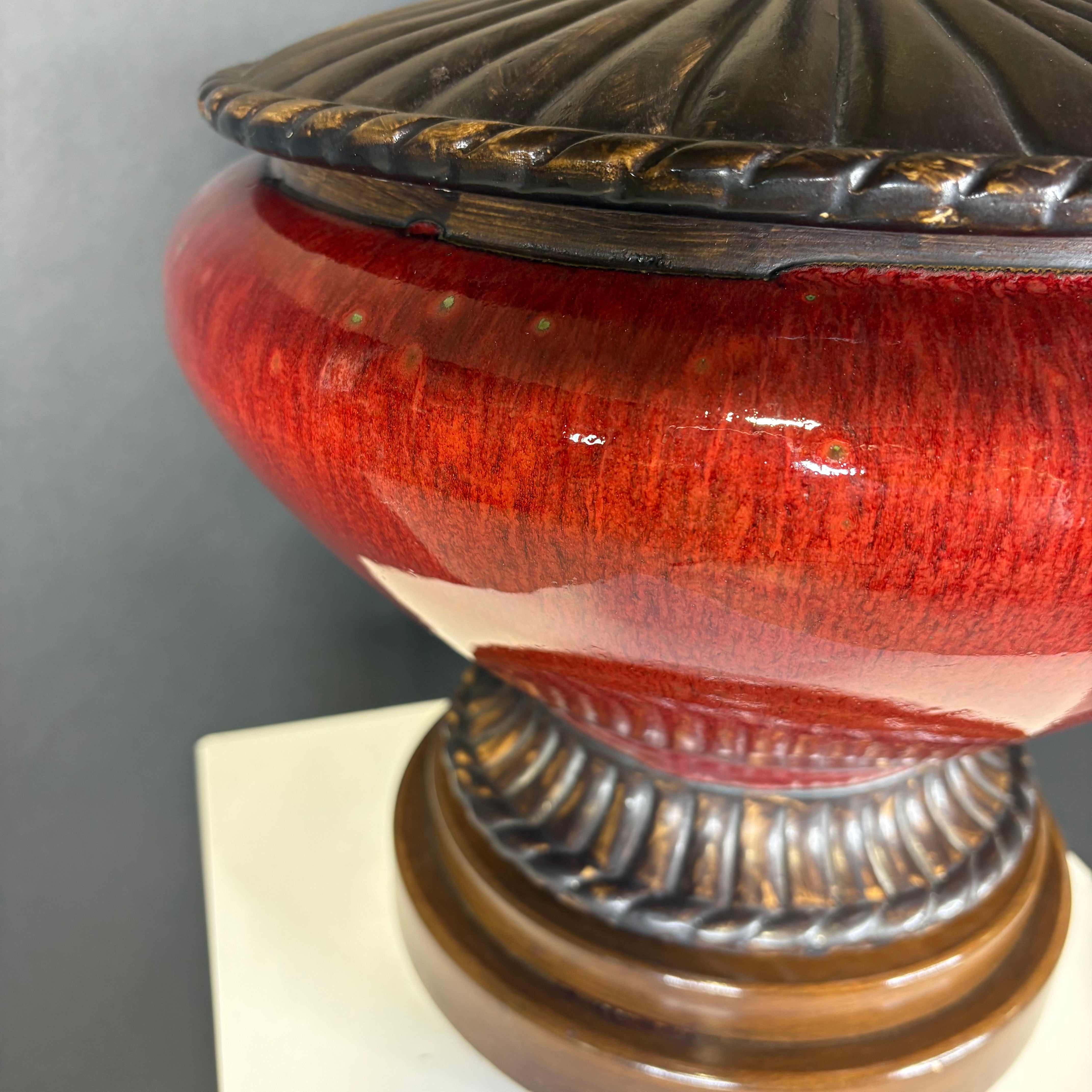 Frederick Cooper Red/Gold Ceramic and Wood with Shade Table Lamp 22” Diameter @ Shade x 23”