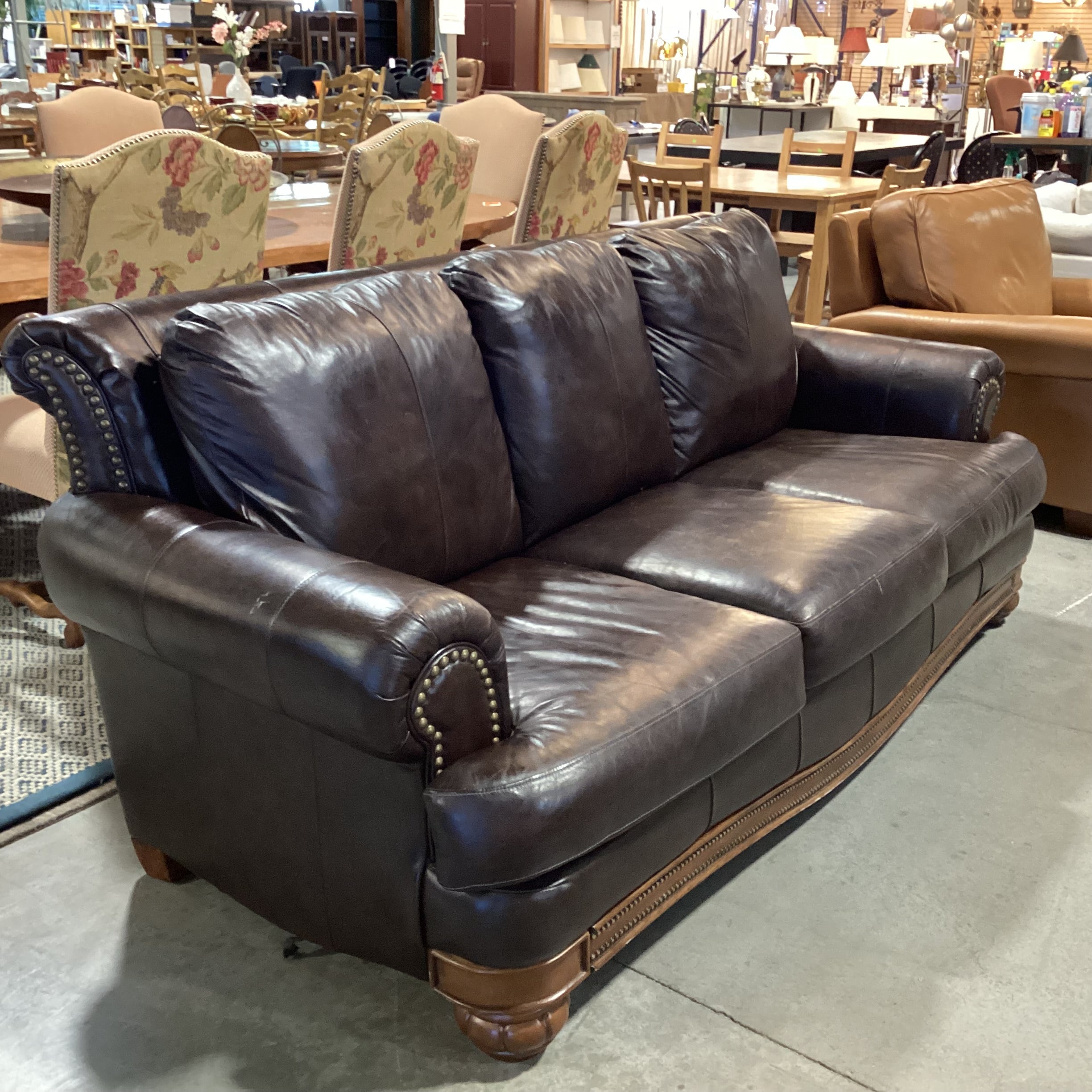 Bonded Leather Nailhead with Detailed Wood Base Sofa 88"x 34"x 35"