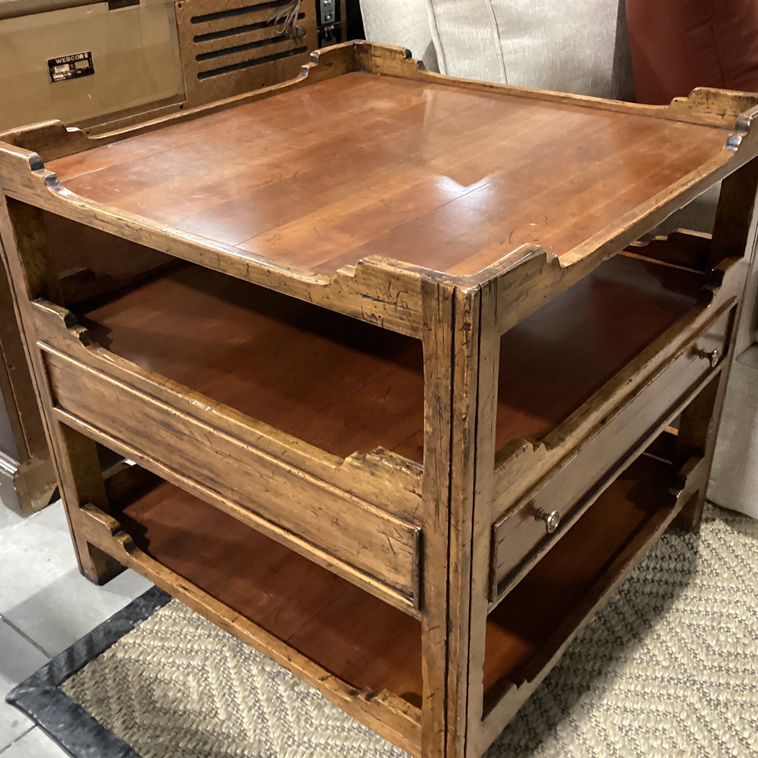 Distressed Carved Wood 3 Tiered 1 Drawer Accent Table 30"x 30"x 29.5"