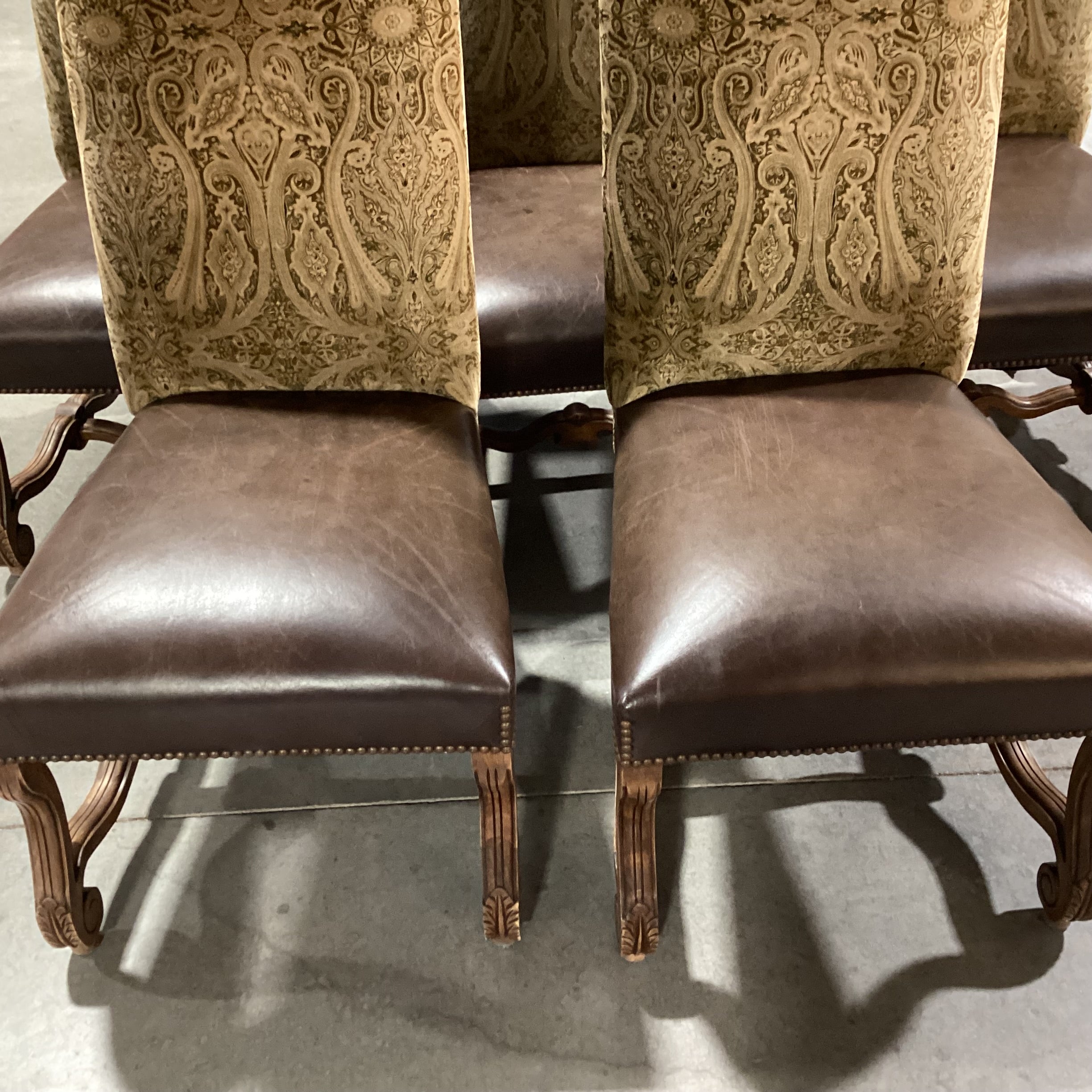 SET of 8 Ornate Carved Wood Leather Nailhead & Paisley Velvet Dining Chairs 22"x 24"x 44.5"