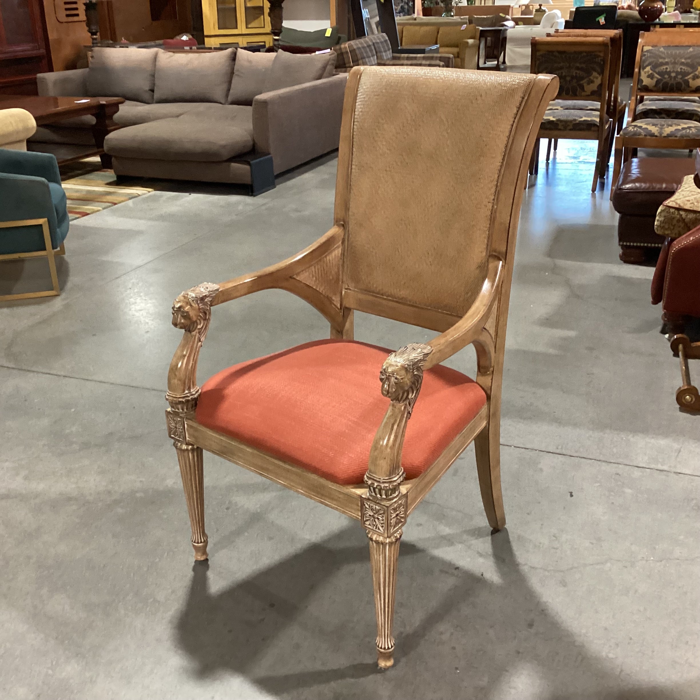 Carved Lionshead Antiqued Finish Wood Woven Leather & Burnt Orange Linen Chair 26"x 26"x 44"