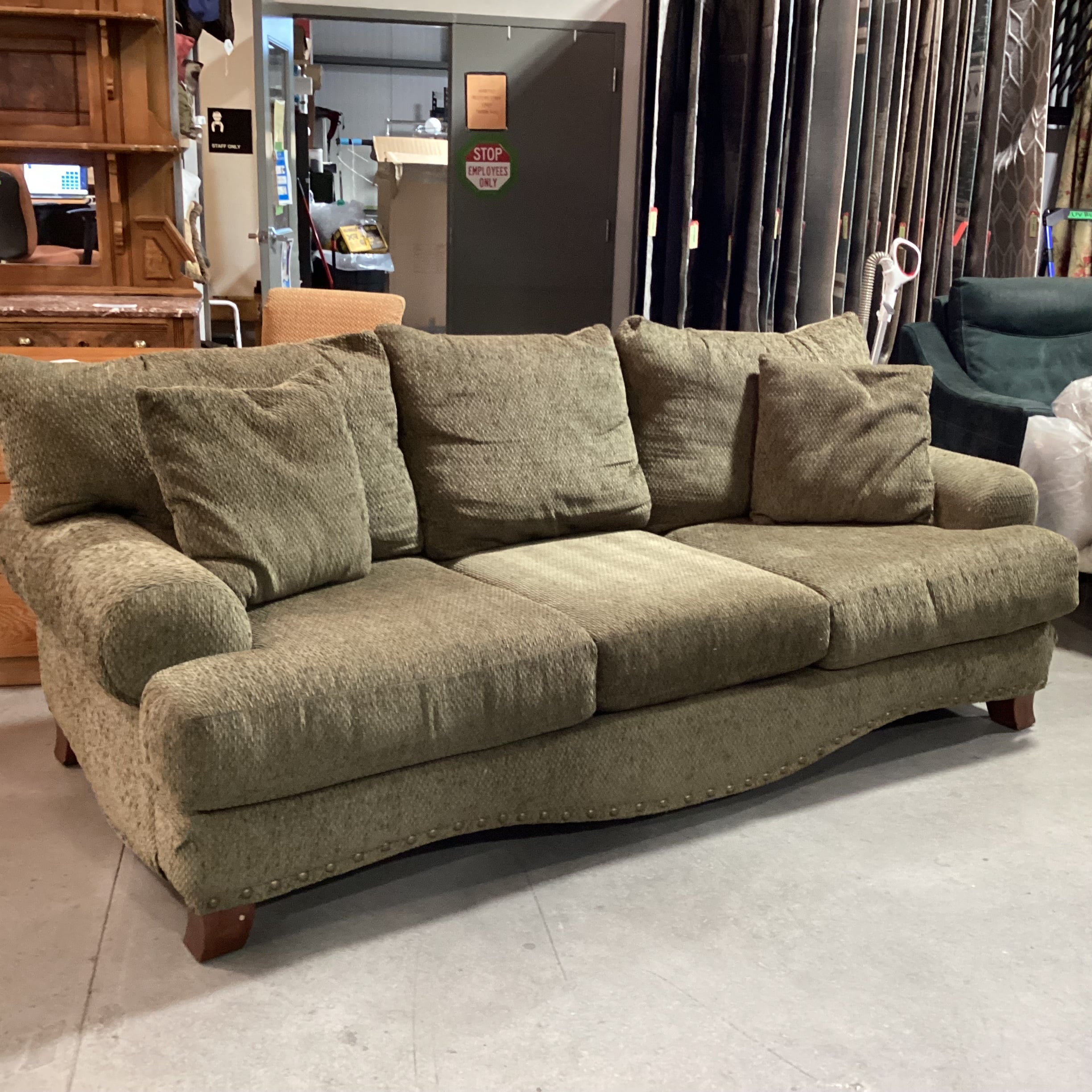 Corinthian Olive Chenille Woven Nailhead Sofa 98"x 45"x 33"