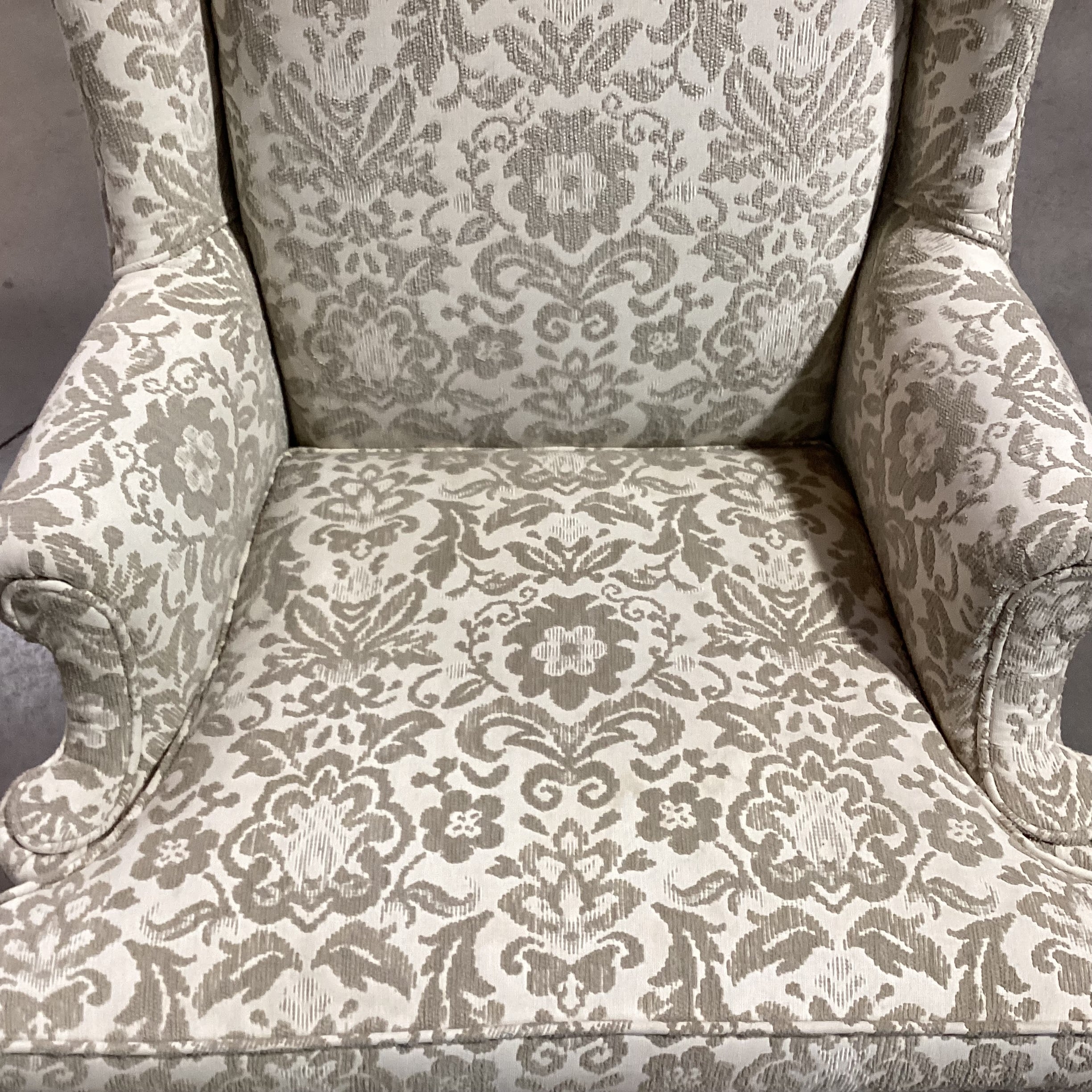 Sickles Custom Upholstery Cream & Raised Taupe Floral with Ottoman Wing Chair 33"x 34"x 43"