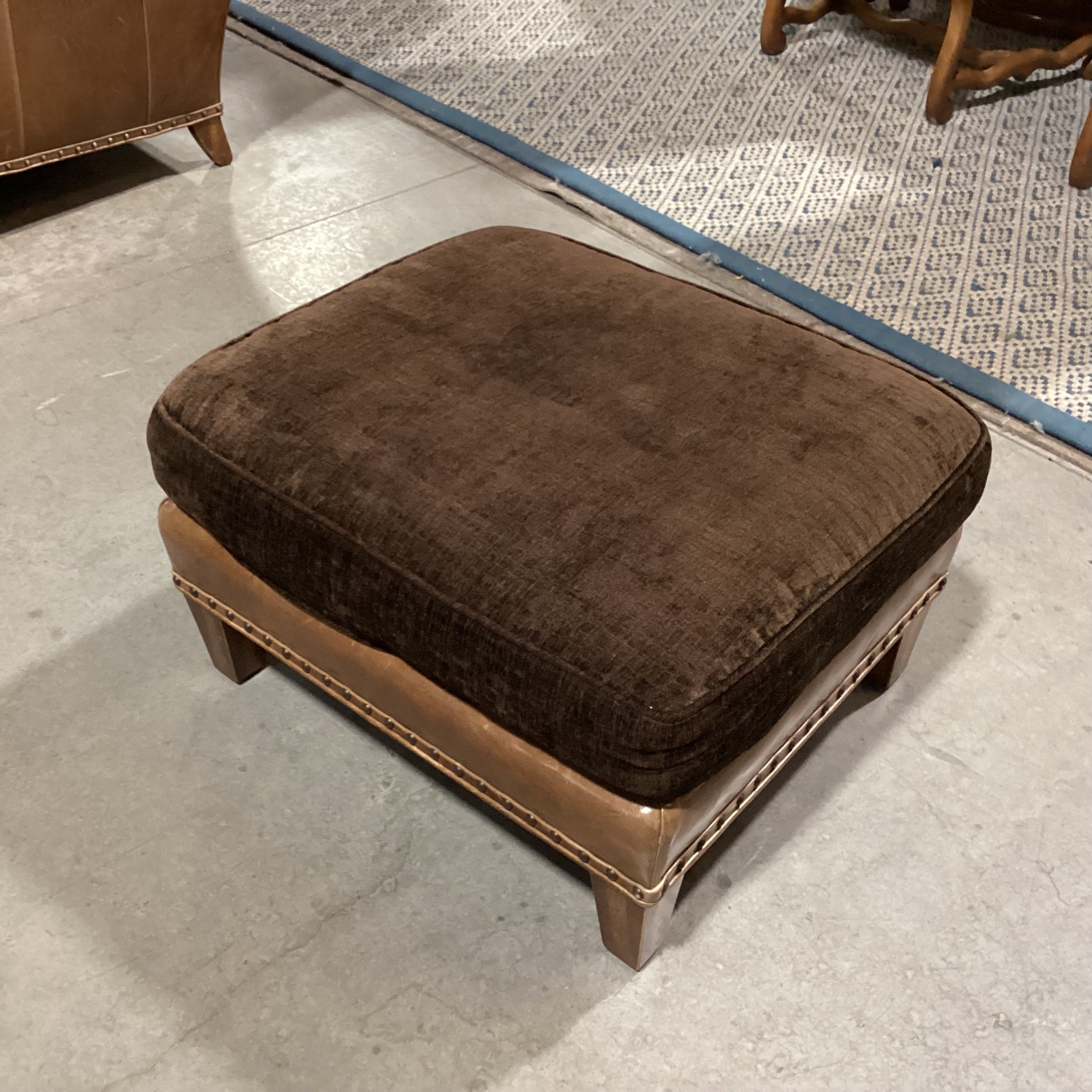 Wesley Hall Collection Distressed Leather Nailhead & Brown Upholstered Ottoman 26"x 21"x 15"