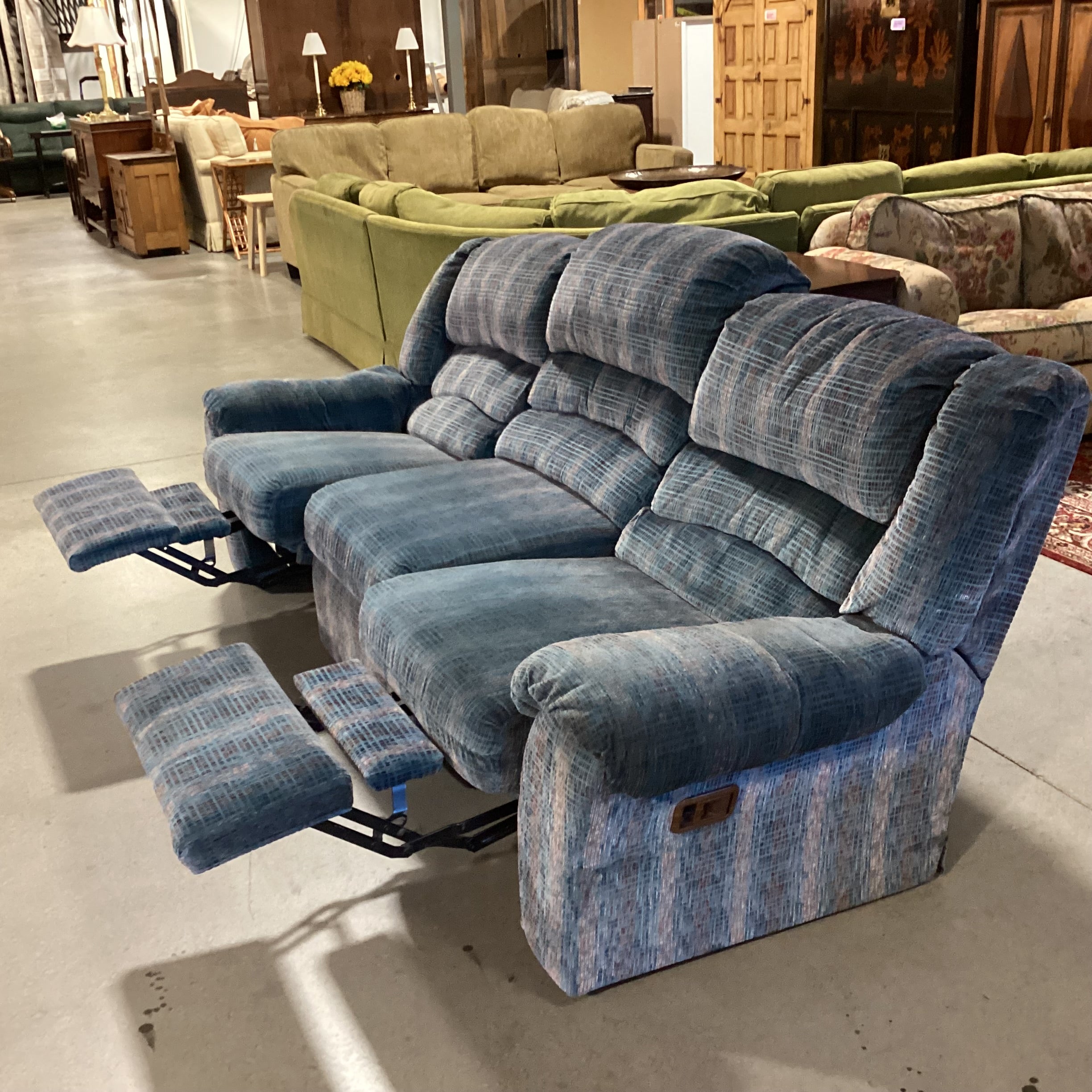 Action Industries Teal Blue with Light Red Grid Woven Double Recliner Sofa 96"x 38"x 37"