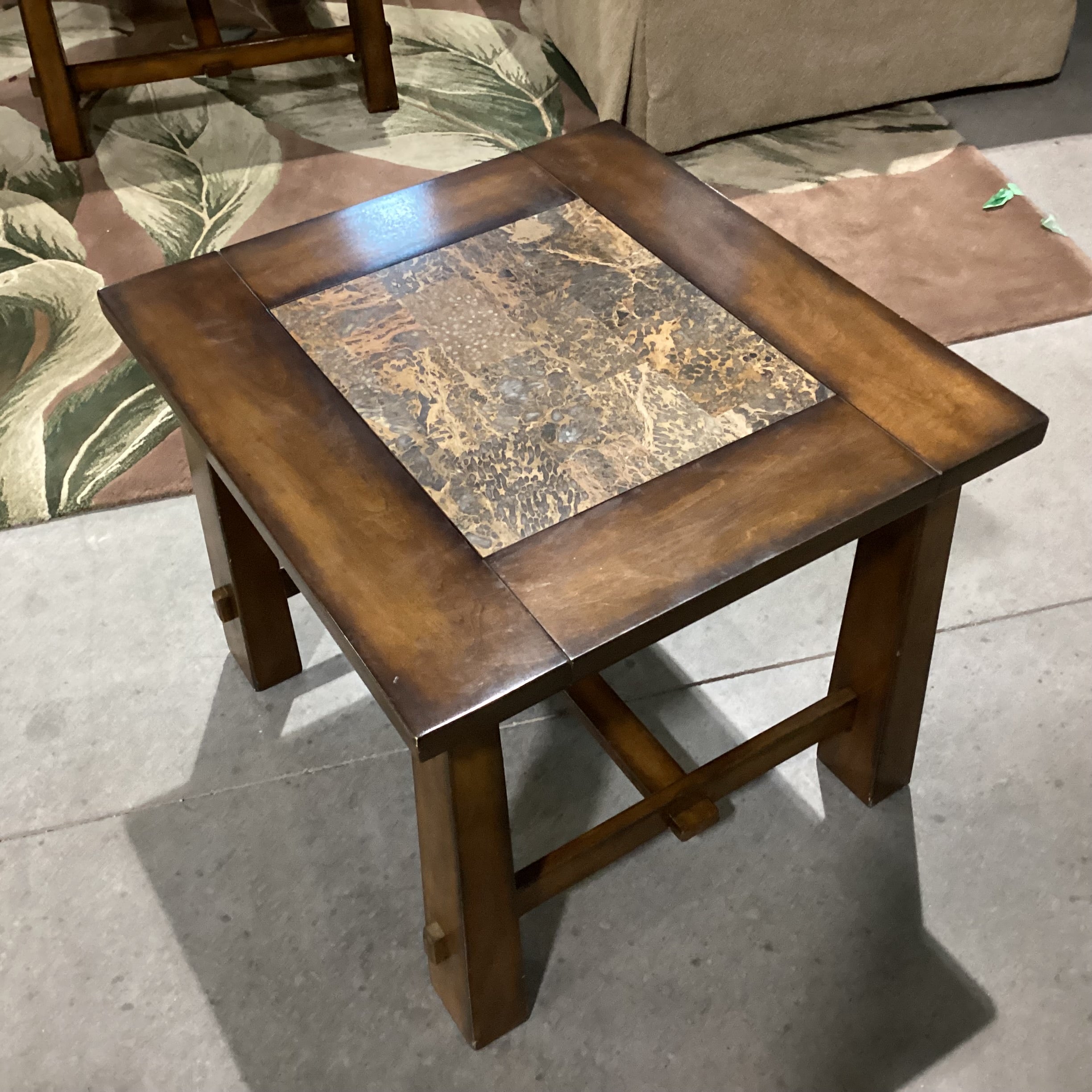 Dark Finish Wood & Faux Stone End Table 25.5"x 24"x 21.5"