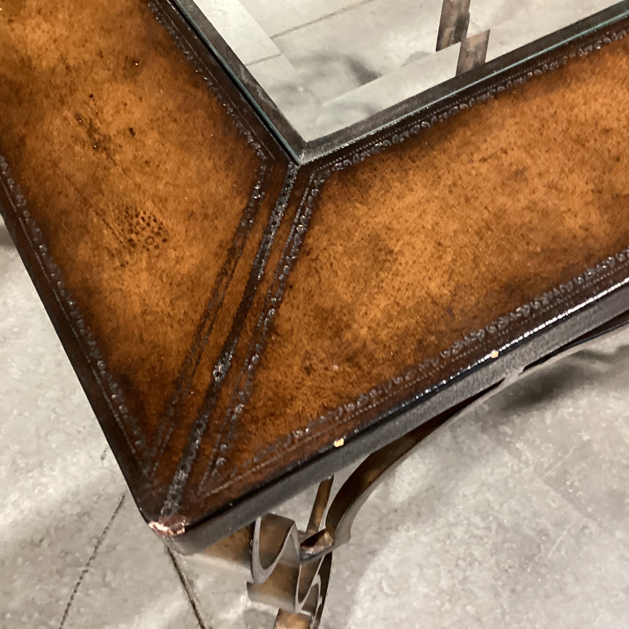 Ornate Iron & Leather Inset Glass Top Accent Table 30"x 30"x 27"