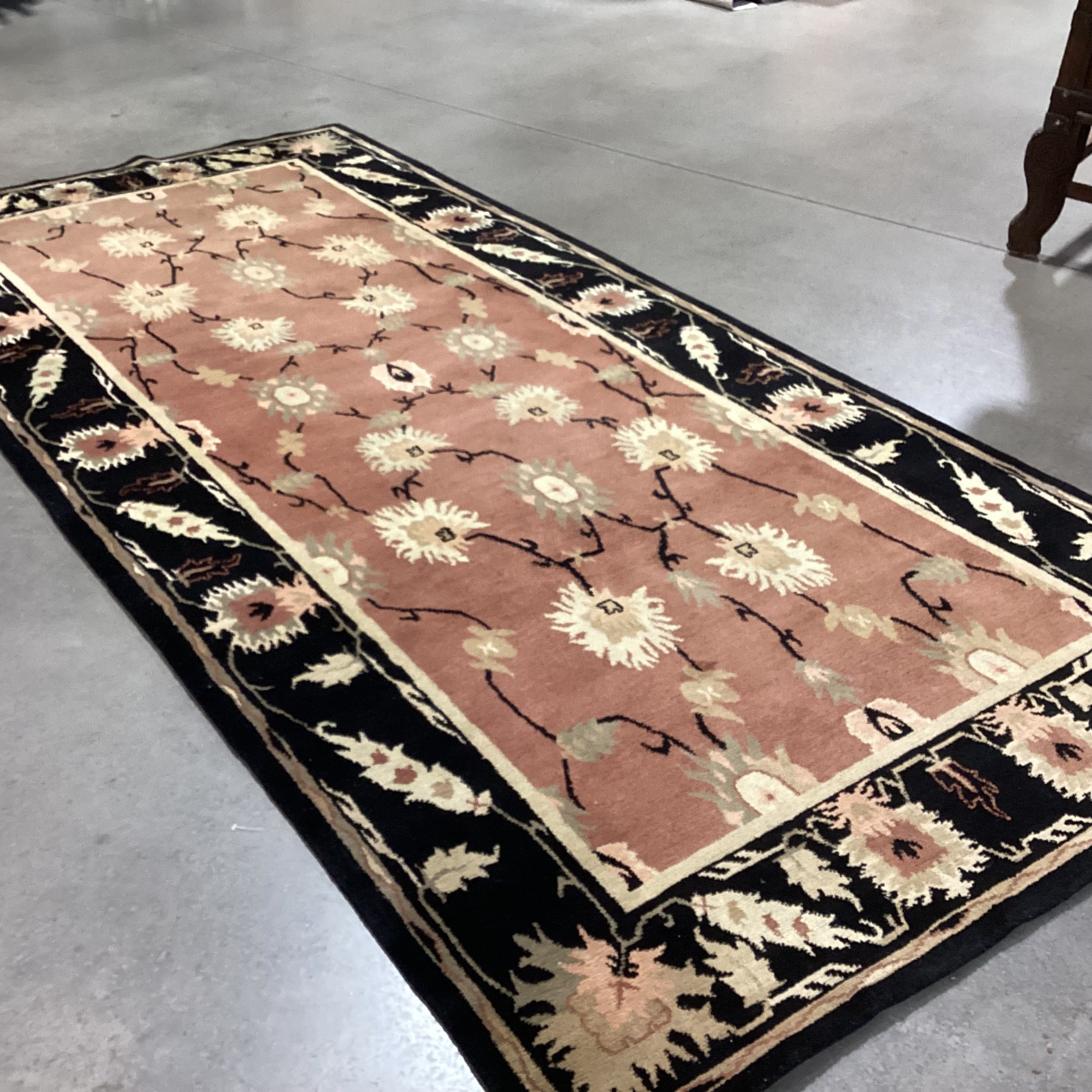 Blush Cream Sage Floral with Black Border Hand Woven Nepal Wool Rug 5'5"x 11'11"