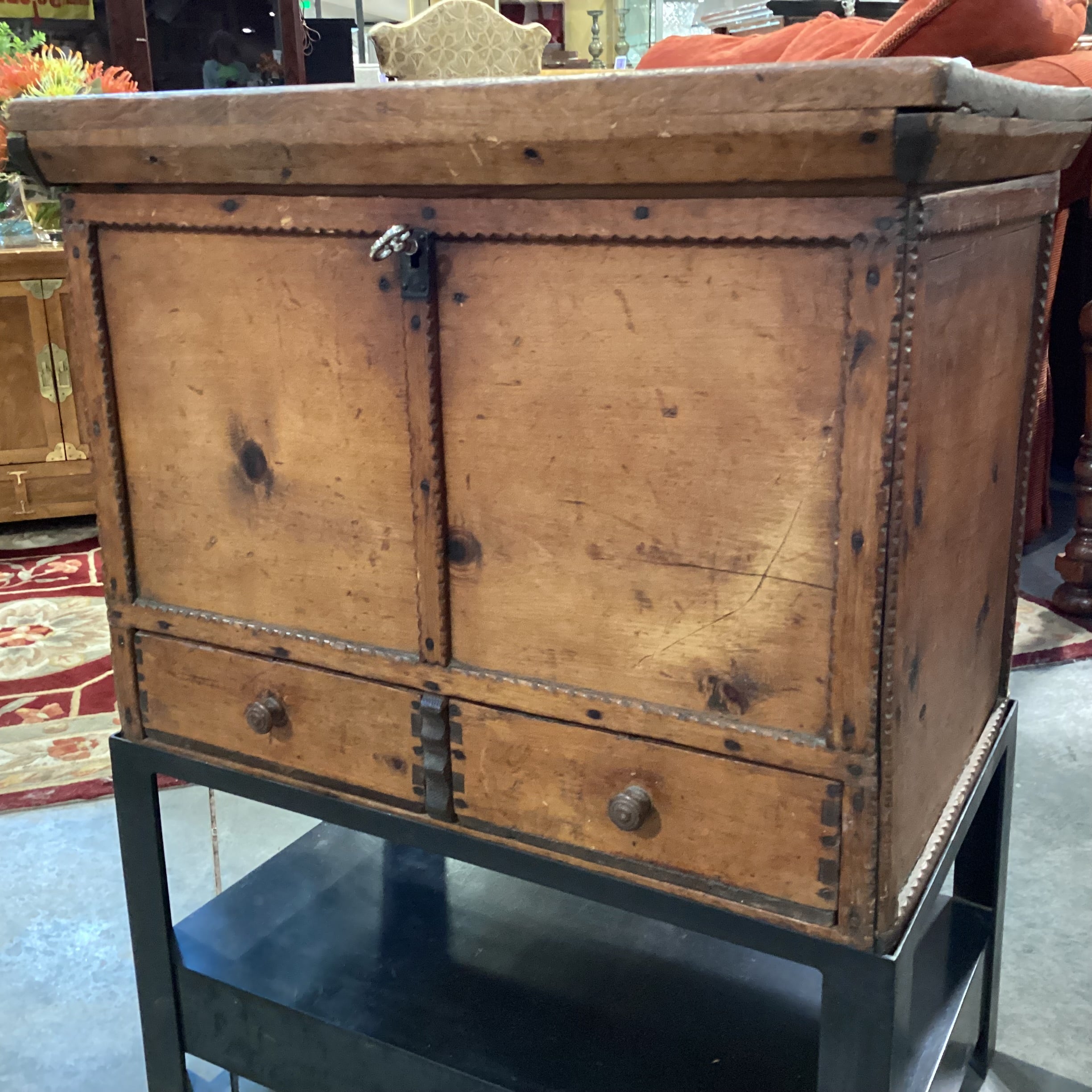 Antique Carved Wood with Metal Stand 2 Drawer & Storage Chest Trunk 22.5"x 14.5"x 28.5"