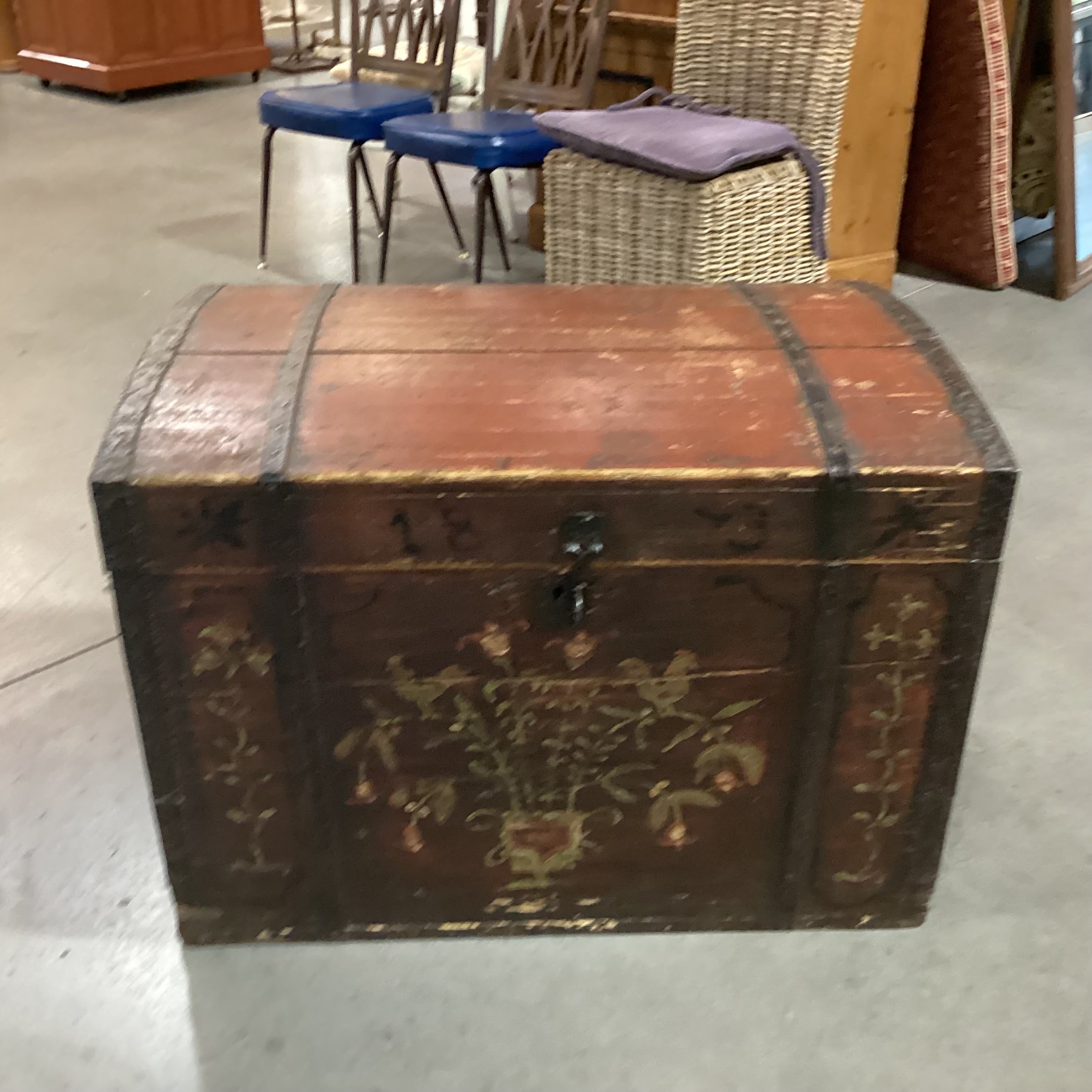 Antique 1873 Red with Floral Hand Painted Wood & Iron Trunk 34"x 24"x 25"