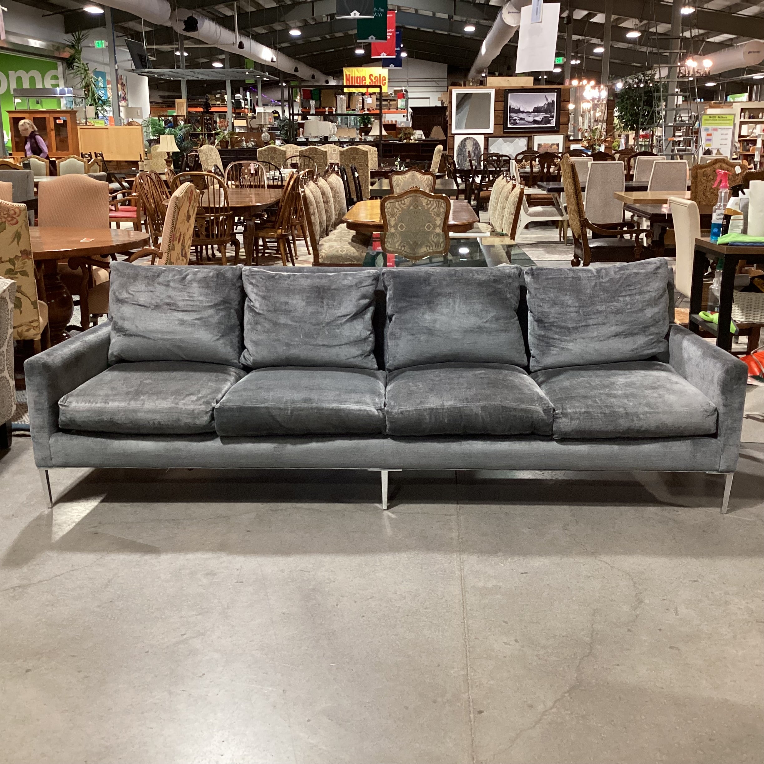 Lee Industries Custom Blue Grey Textured Velvet Down Mix & Chrome Modern Sofa 107"x 36"x 34"