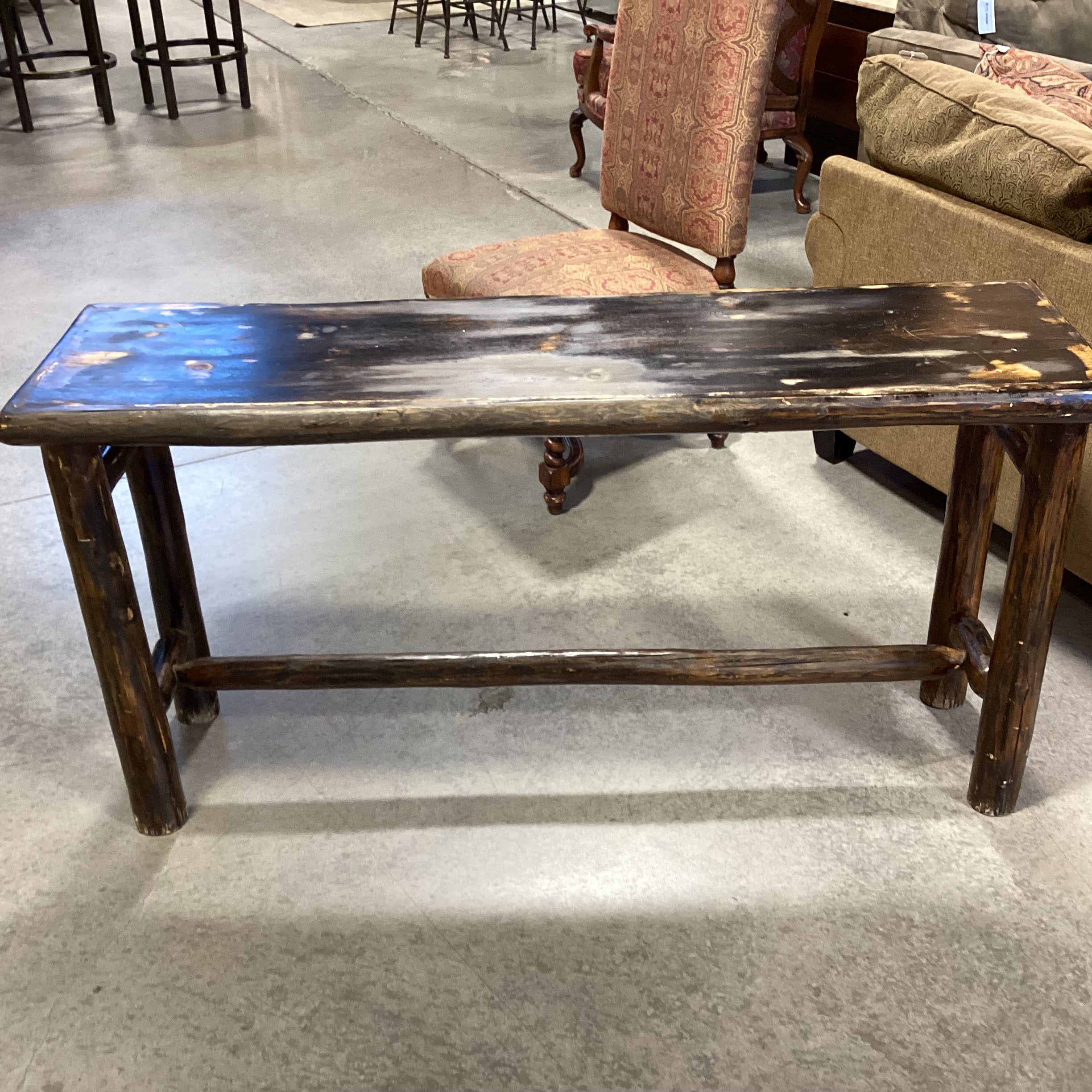 Black Distressed Rustic Finish Wood & Log Sofa Table 60"x 17"x 31"
