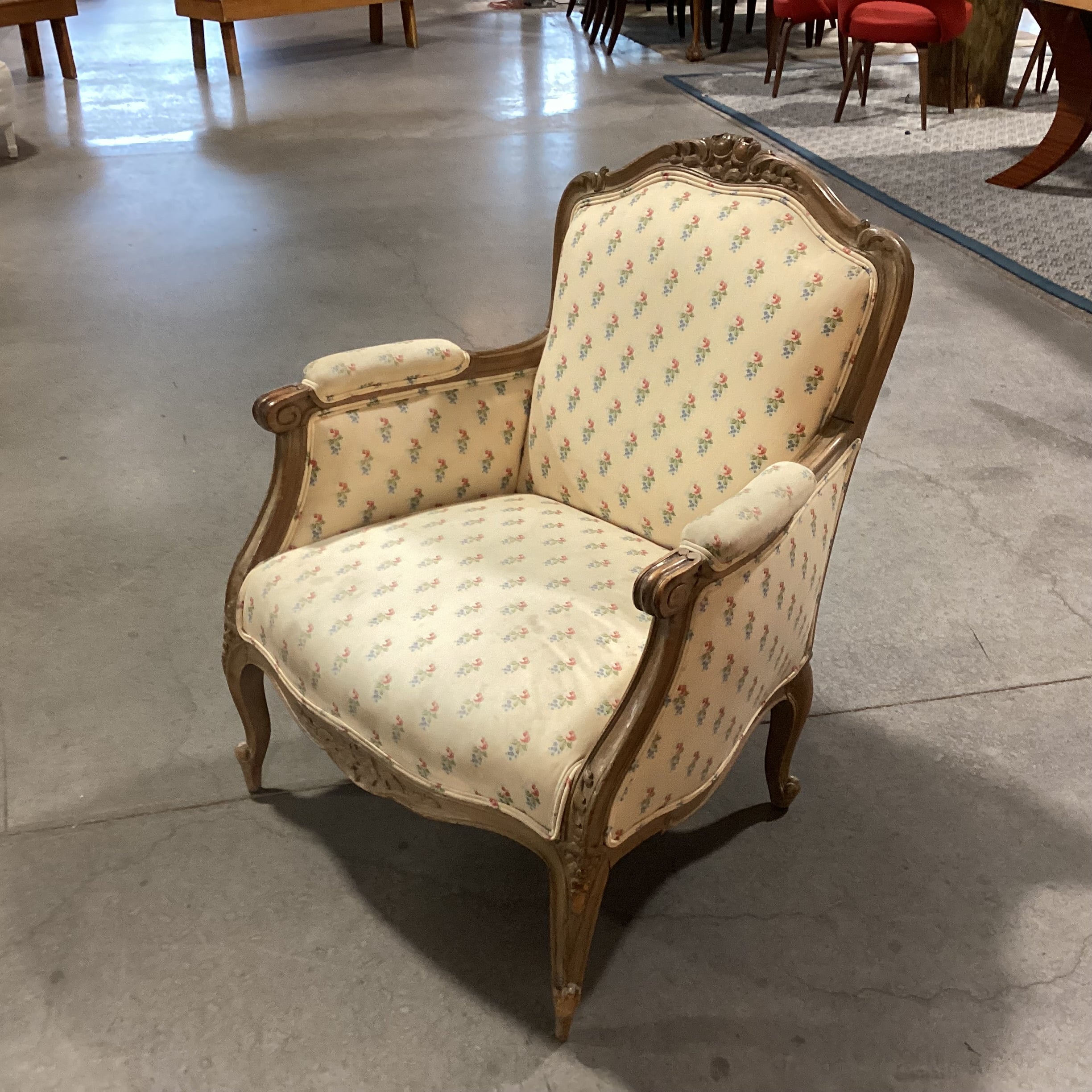 French Provincial Style Carved Wood with Yellow Floral Chair 29"x 26"x 35'