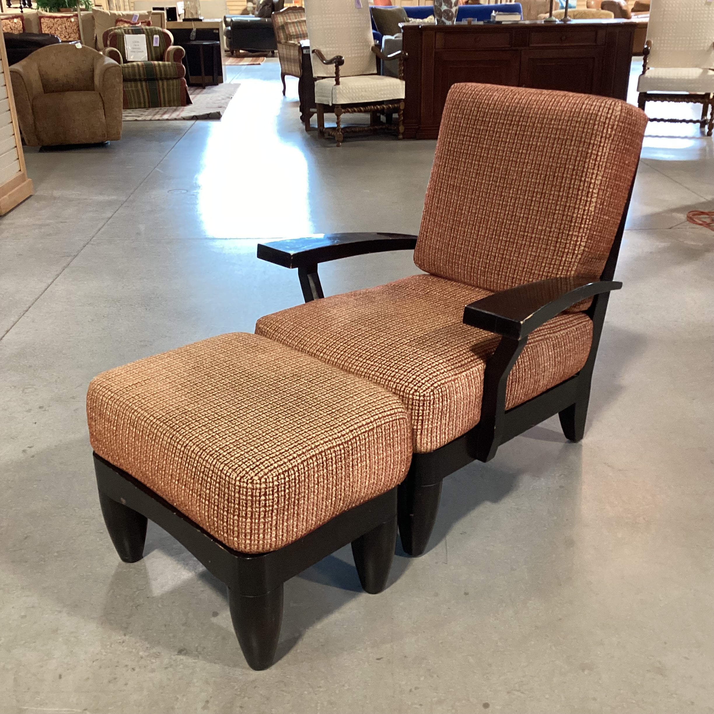 Dark Finish Wood & Gold Red Woven with Ottoman Chair 36"x 38"x 37"