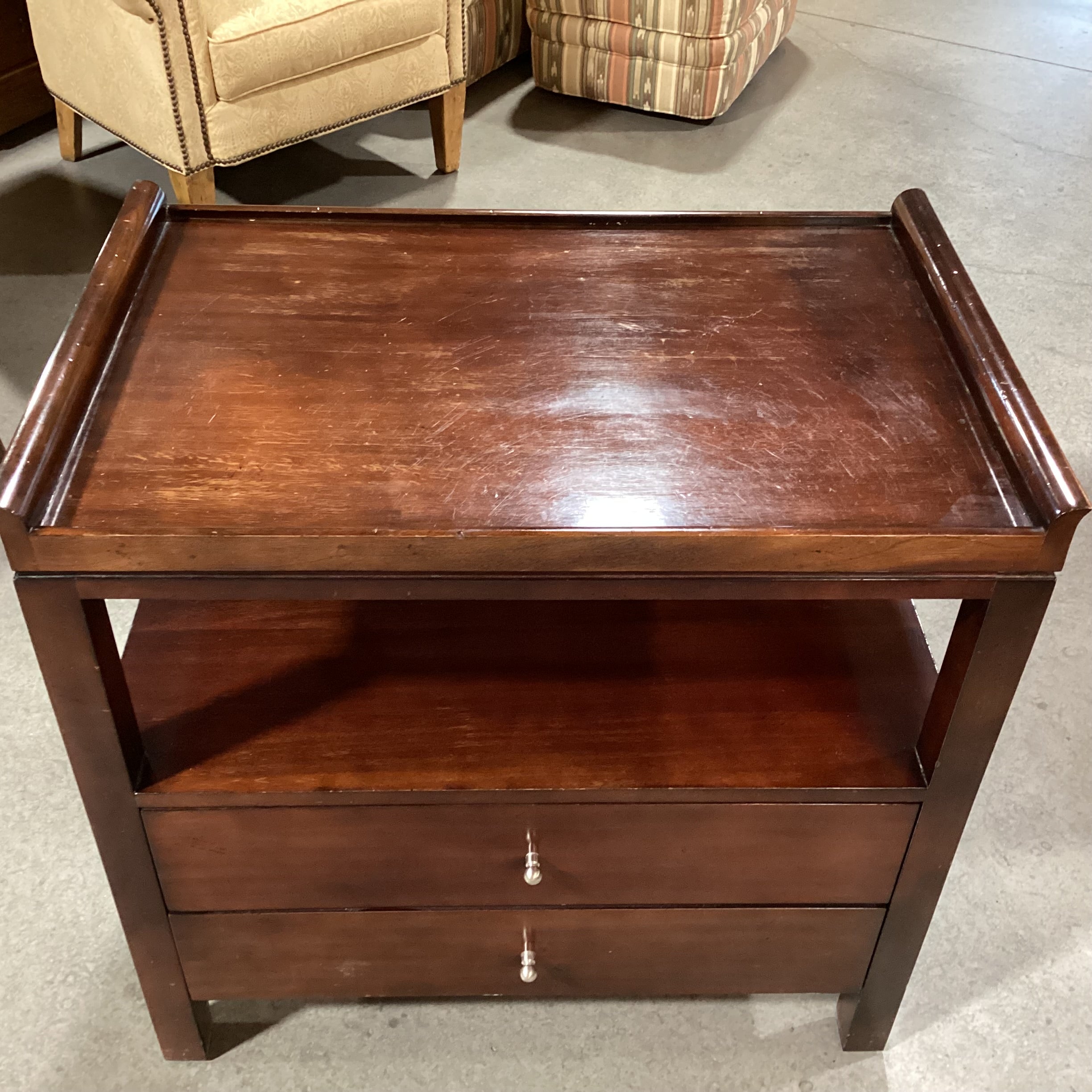 Milling Road a Division of Baker Furniture Dark Finish Wood Tray Top 2 Drawer with Power Strip Nightstand 31"x 20"x 30"