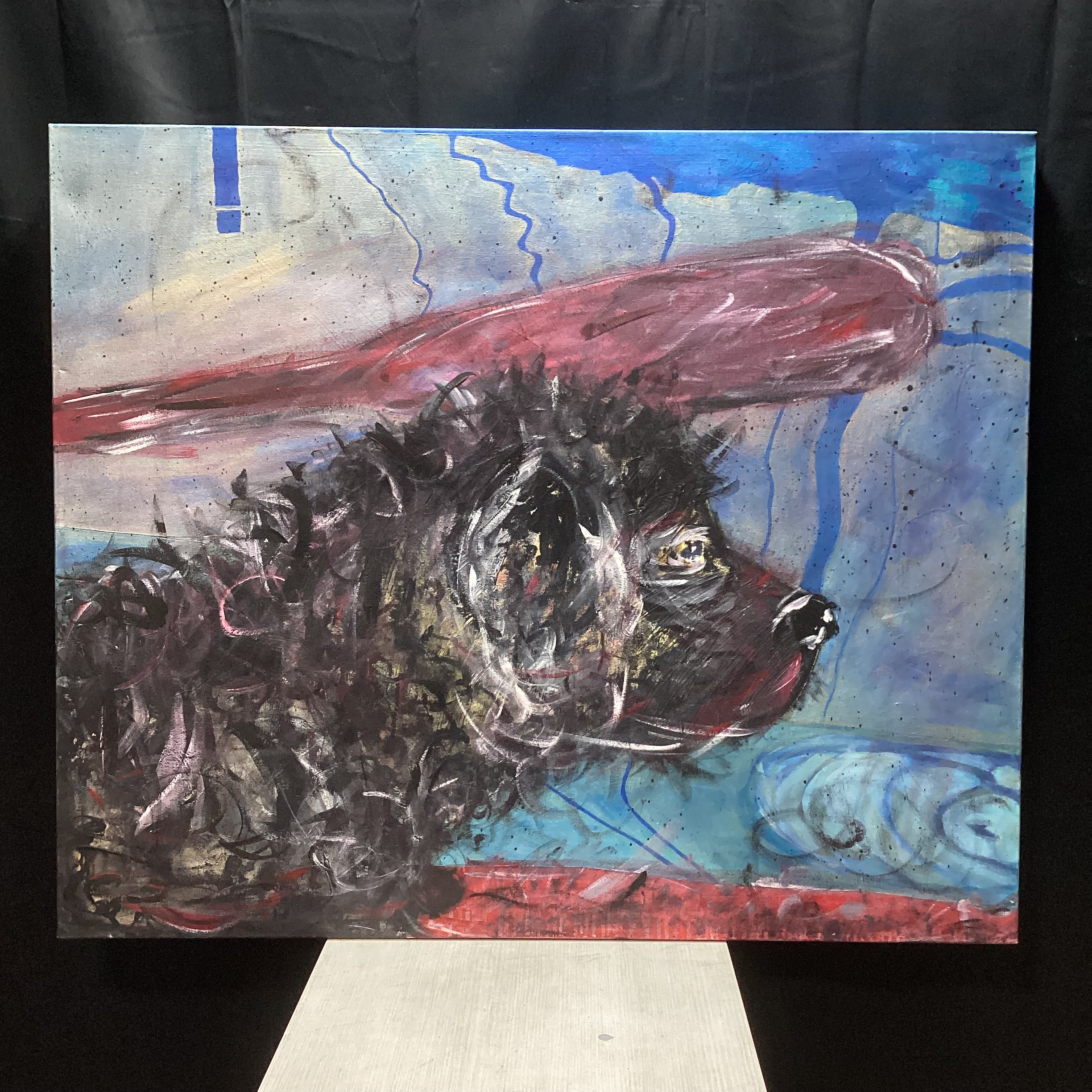 D. Virgil Signed "Fishin Dog" Original Canvas Painting 40" x 48"