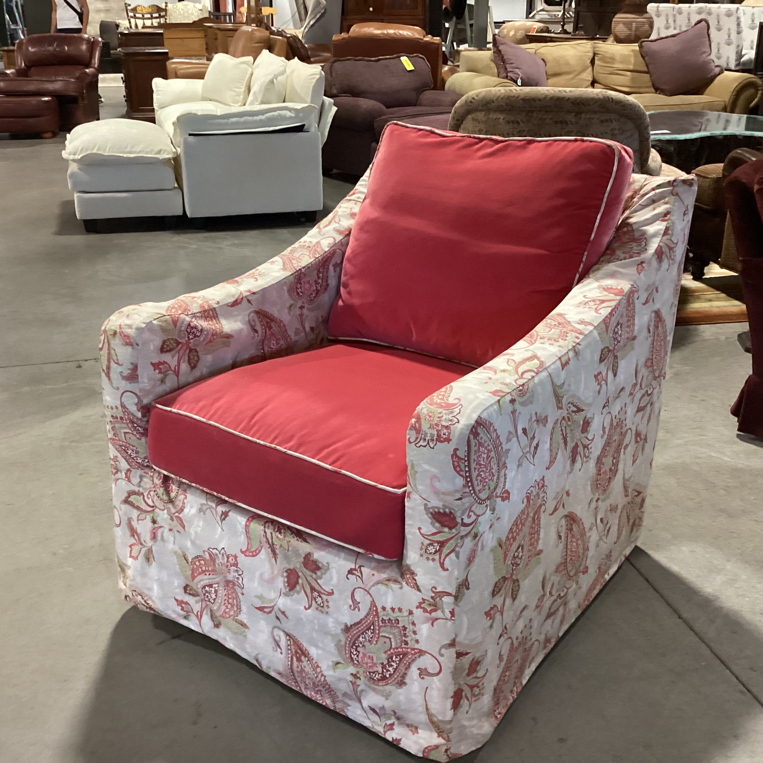 Salmon Pink Velvet with Linen Paisley Slipcover Down Mix Swivel Chair 32"x 39"x 33"