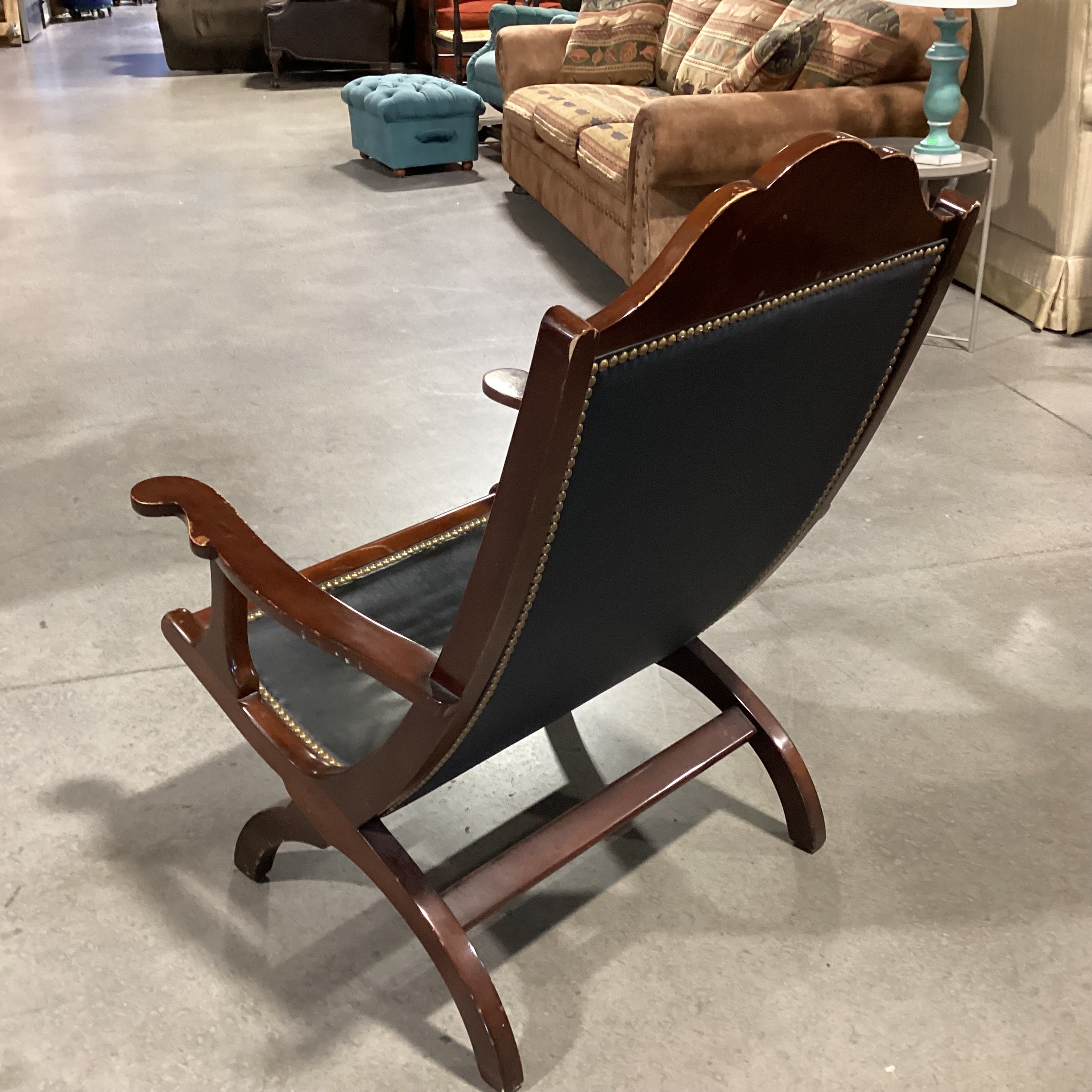 Black Leather Nailhead & Carved Wood Plantation Style Chair 27"x 30"x 40"
