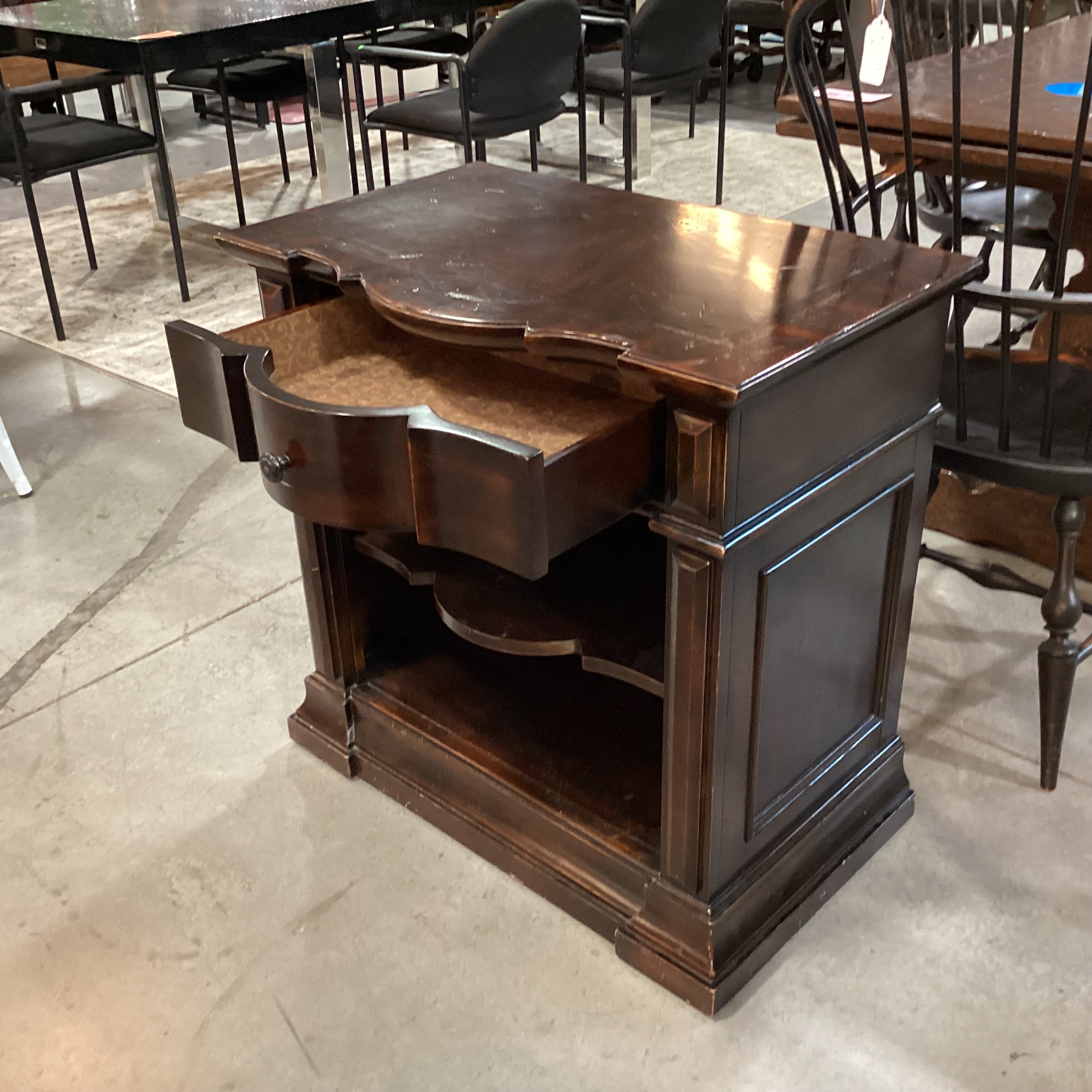Artistica Dark Finish Serpentine Shape Carved Wood 1 Drawer with Shelves Nightstand 30"x 19"x 30"