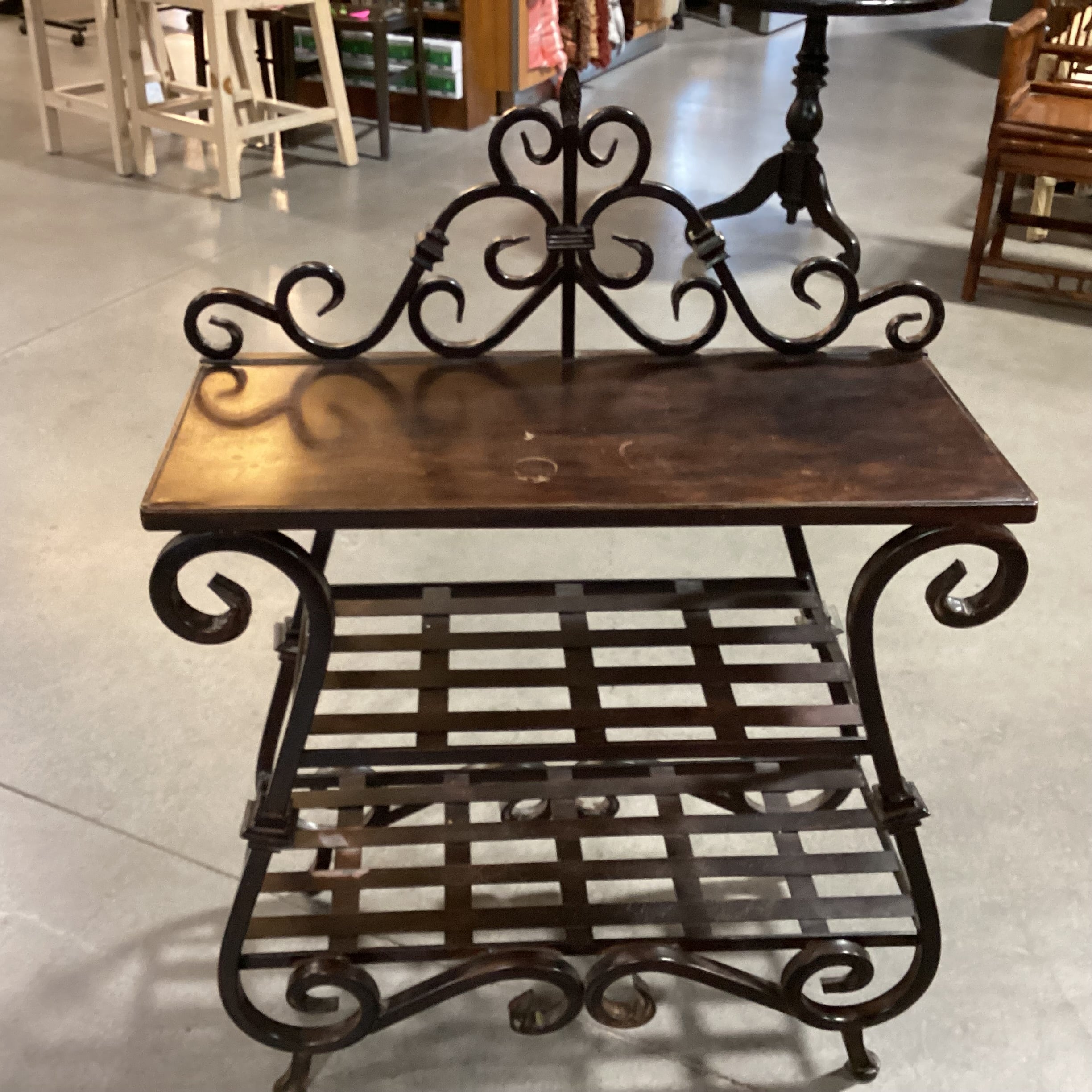 Ornate Iron & Wood with Shelves Accent Table 29"x 13"x 40"
