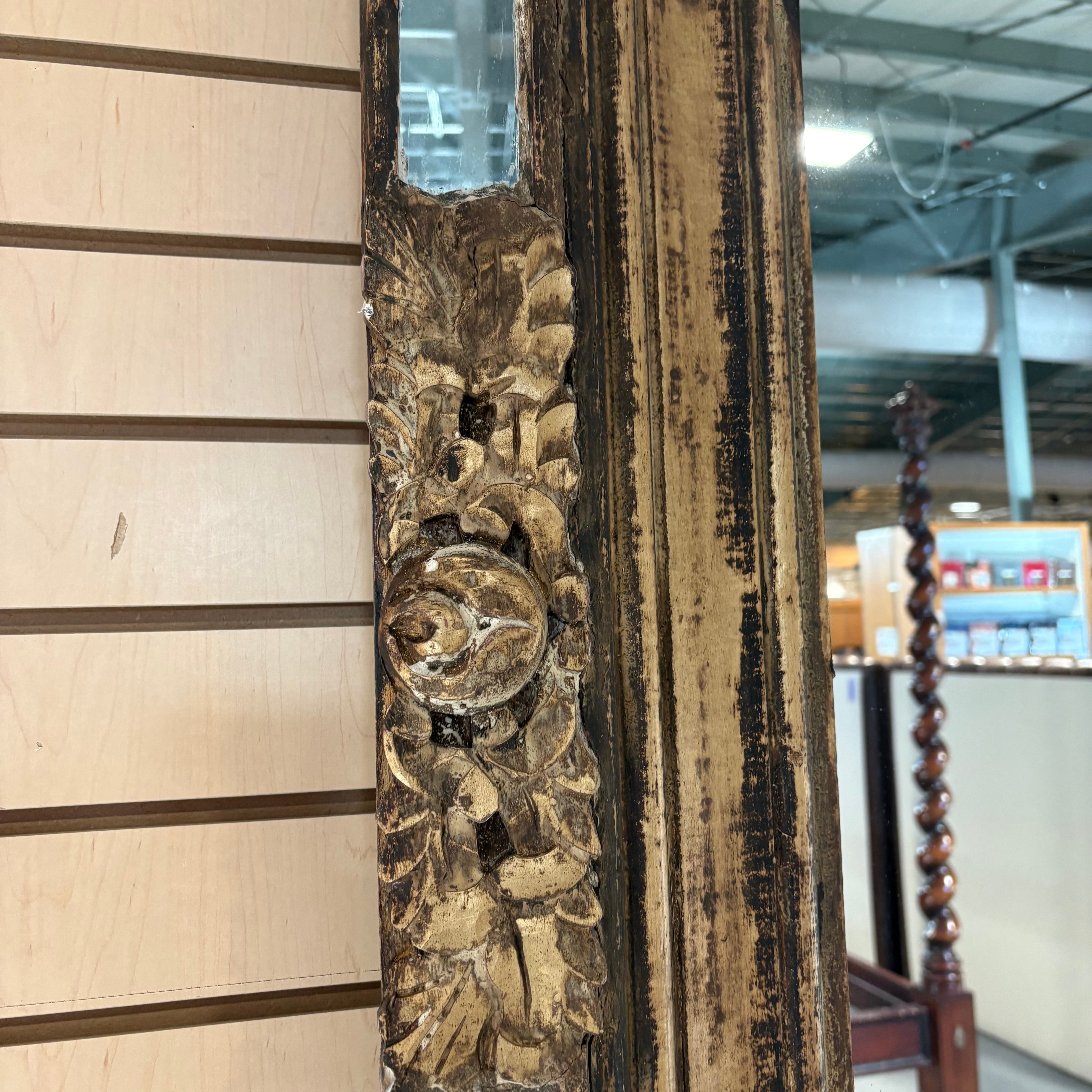 Antique Ornate Floral Carved Wood with Mirrored Accent Frame Wall Hanging Mirror 60” x 84”