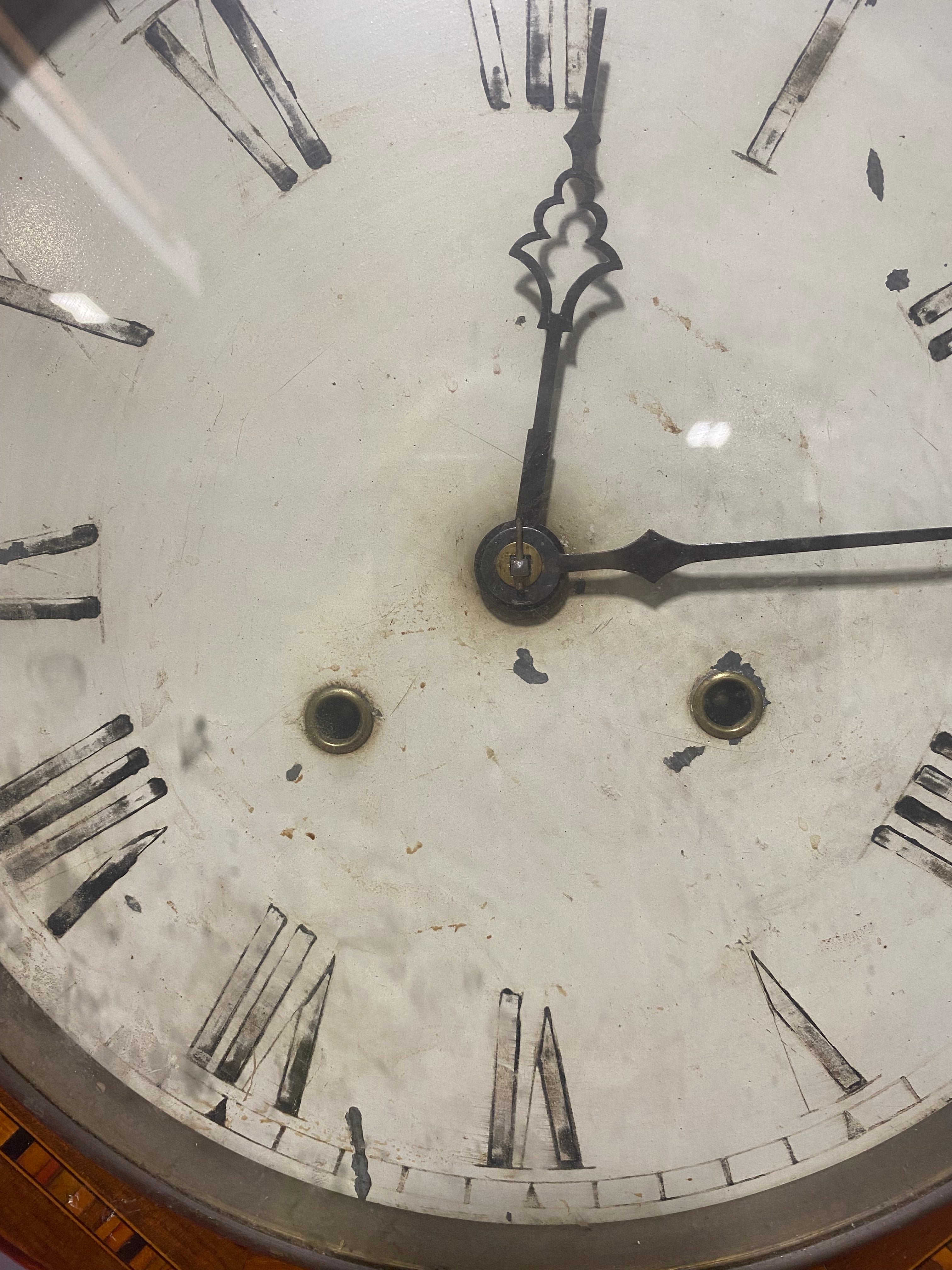 German Schlenker & Kienzle "Radium Gong" Drop Dial Inlay Banded Wall Clock with Key 17"x 28"x 5"