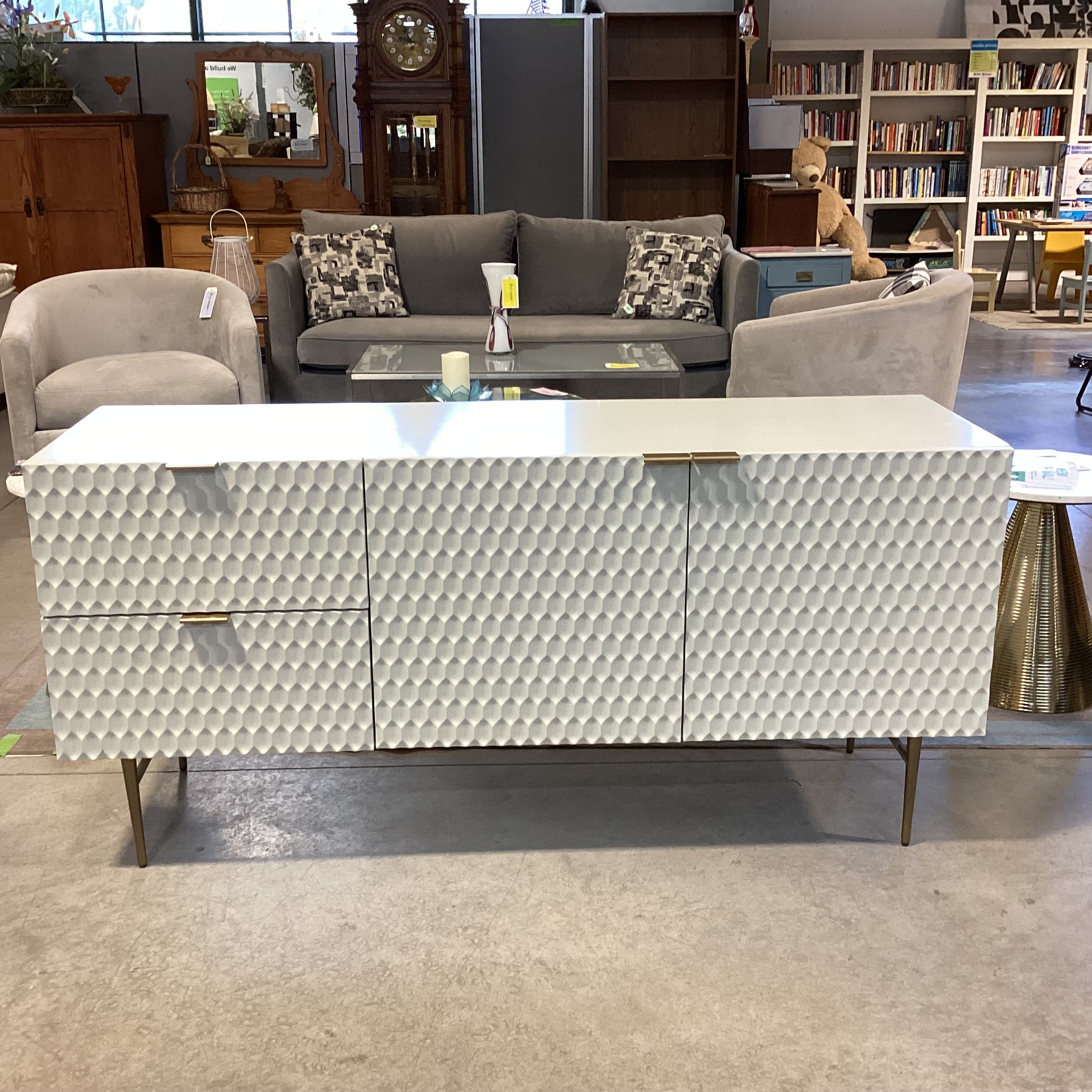 Williams Sonoma Audrey Parchment Kiln Dried Engineered Wood & Antiqued Brass Metal Handles Buffet 62"x 19"x 29.5"