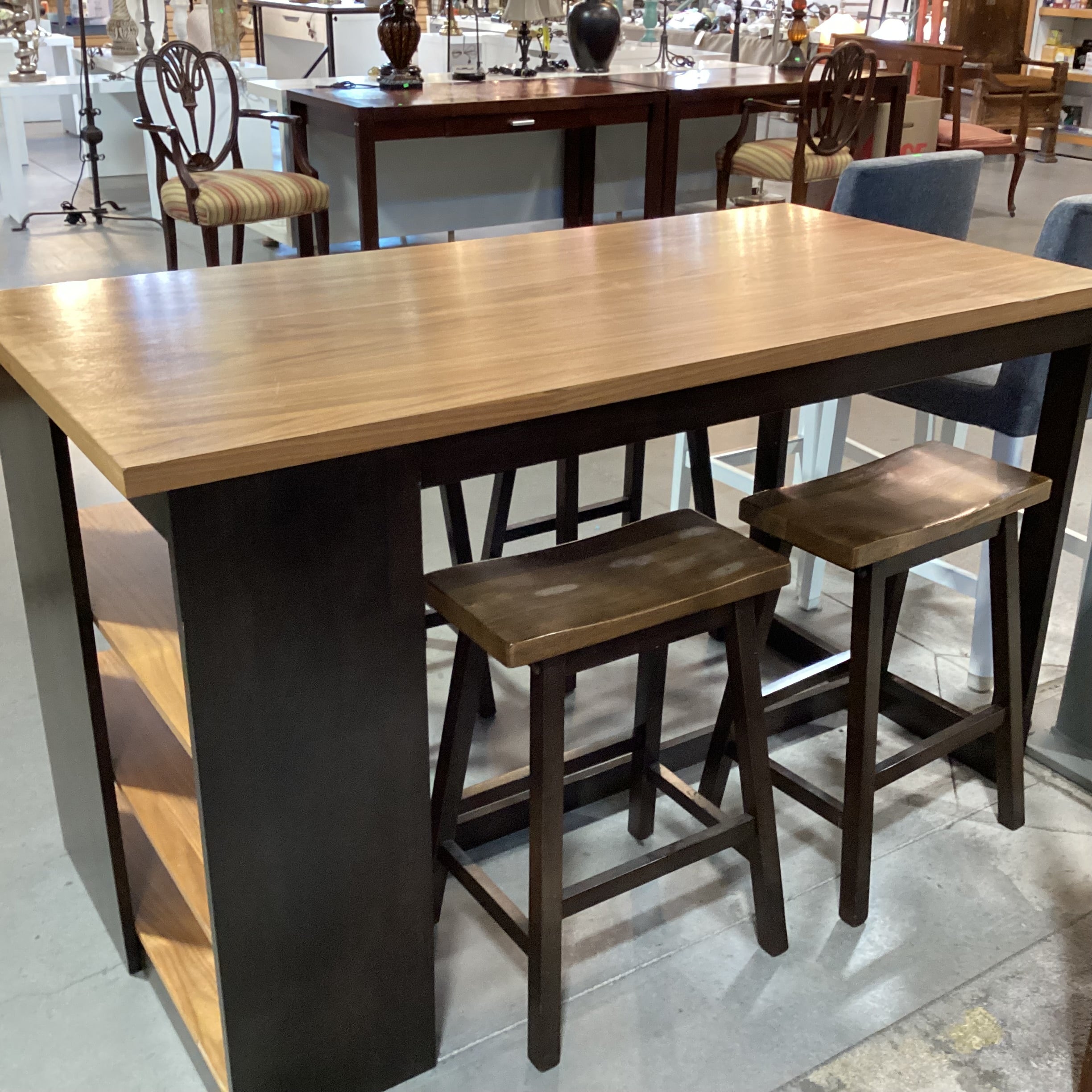 Veneer & Wood 2 Tone with Shelves IslandTable & 4 Stools Dining Set 59"x 29.5"x 36"