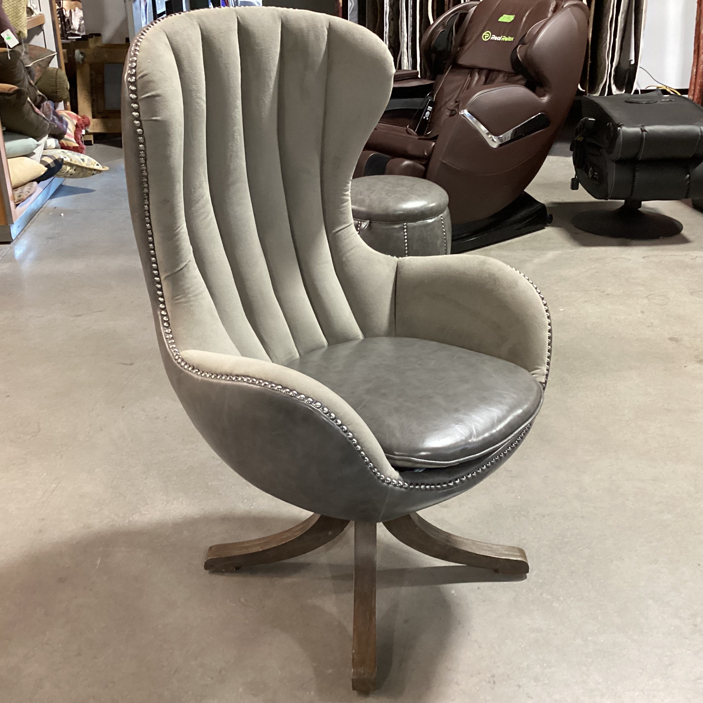 Uttermost Linford Clouded Zinc Leather Nailhead & Grey Velvet Swivel Chair 31"x 31"x 48"