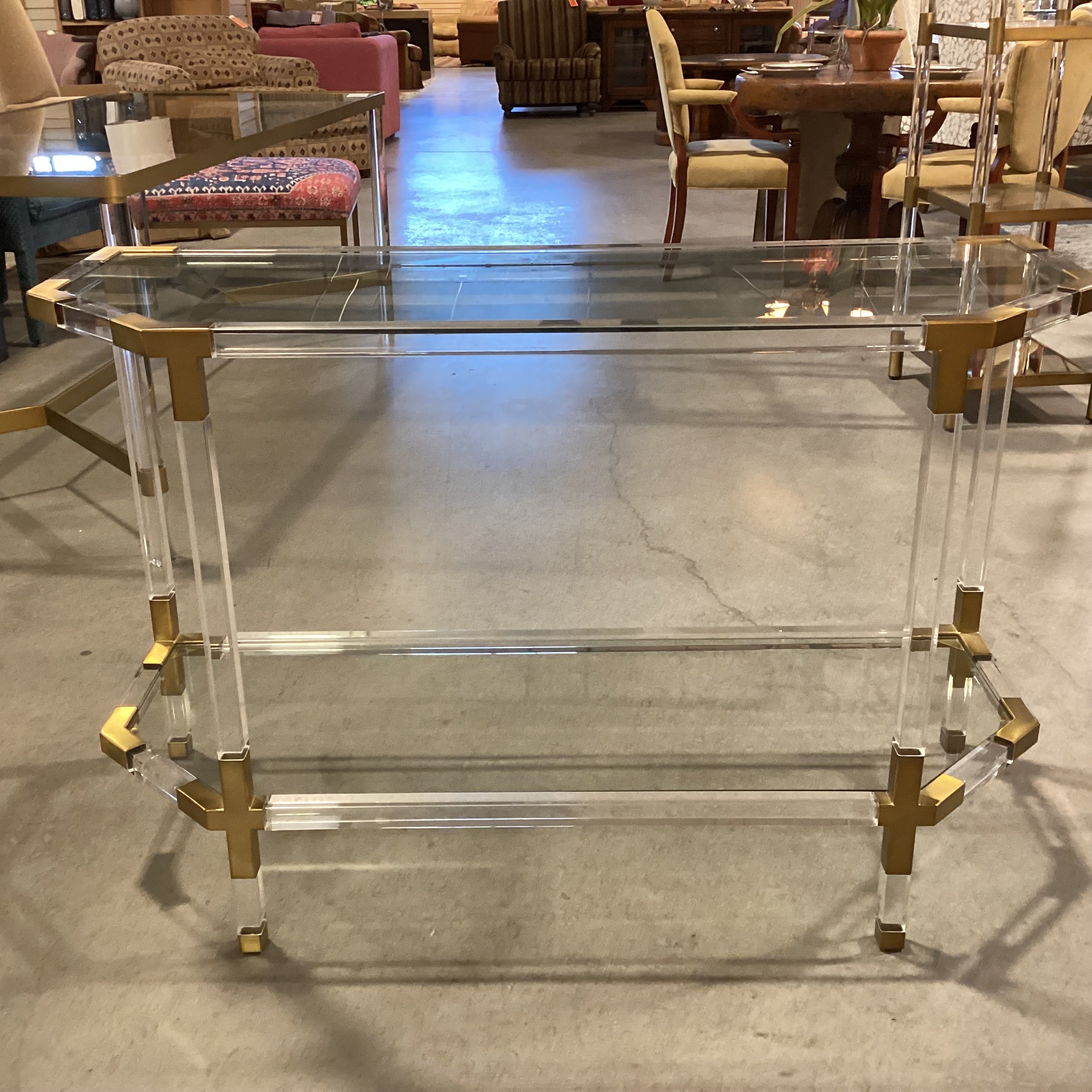 Anthropologie Oscarine Lucite & Glass with Brass Finished Metal Console Sofa Table 47"x 18"x 30"