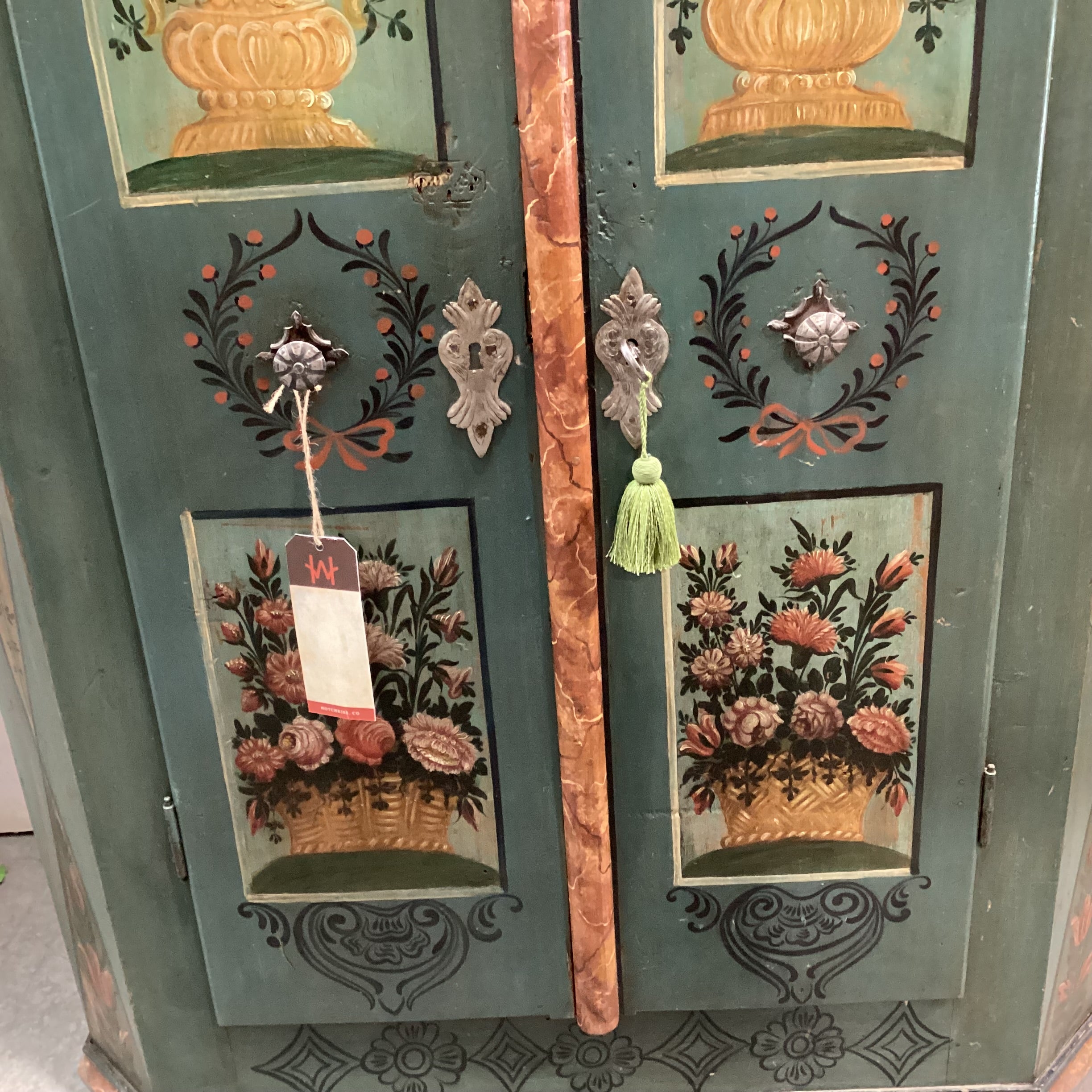 Antique Austrian Kitzbuhel Carved Wood & Hand Painted Floral 2 Door Armoire 50"x 26"x 71"