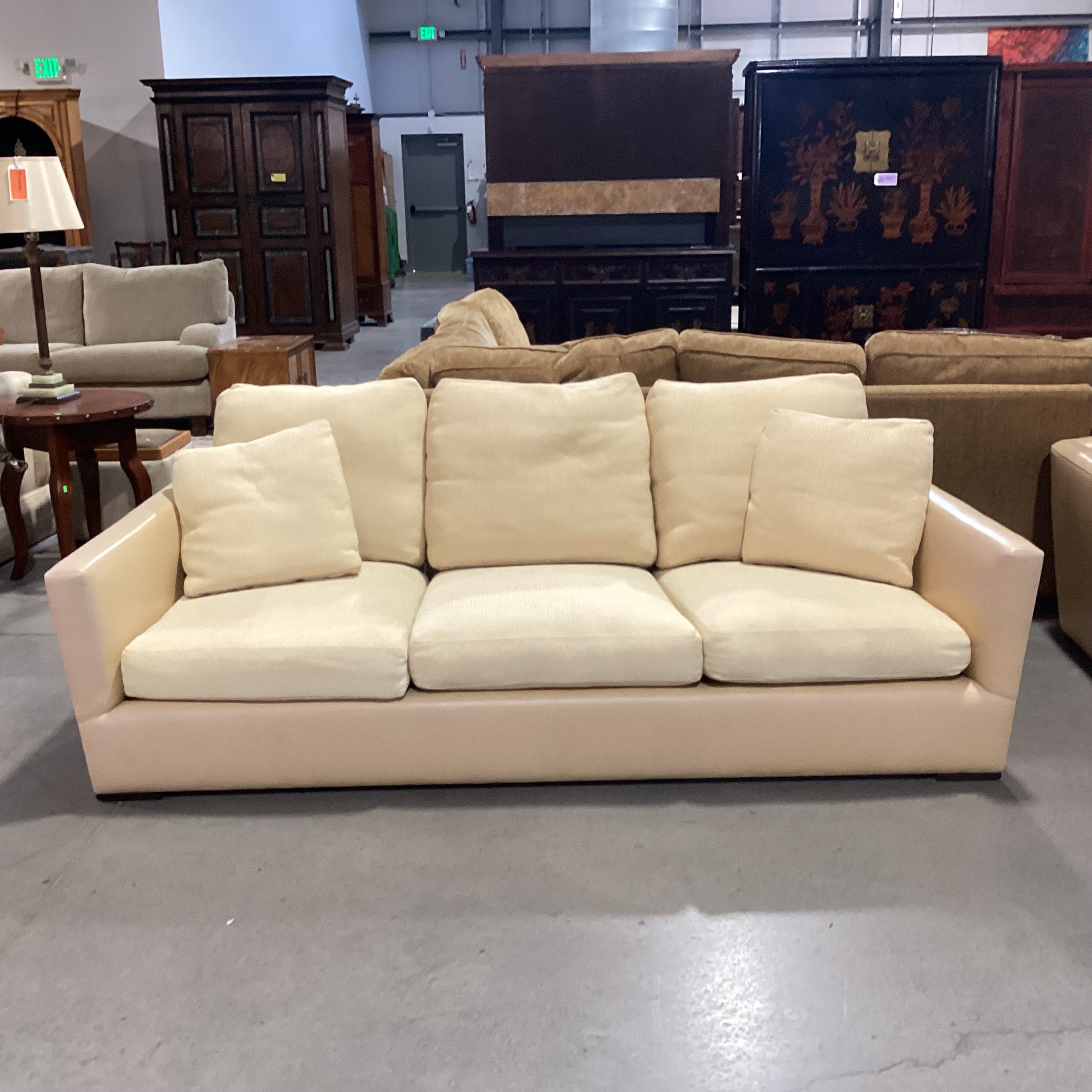 Gina B Custom Blonde Leather & Ribbed Upholstery Down Mix Sofa 90"x 42"x 26"