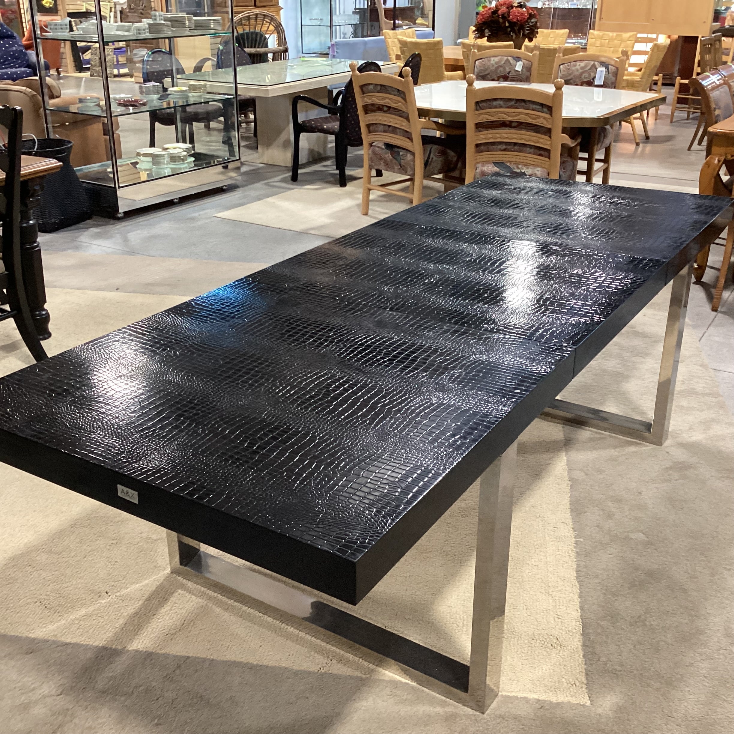 A & X Casa Luxury Collection Skyline Modern Black Krocodile Lacquer & Chrome 1 Leaf Dining Table 71" to 100.5"x 37"x 29"